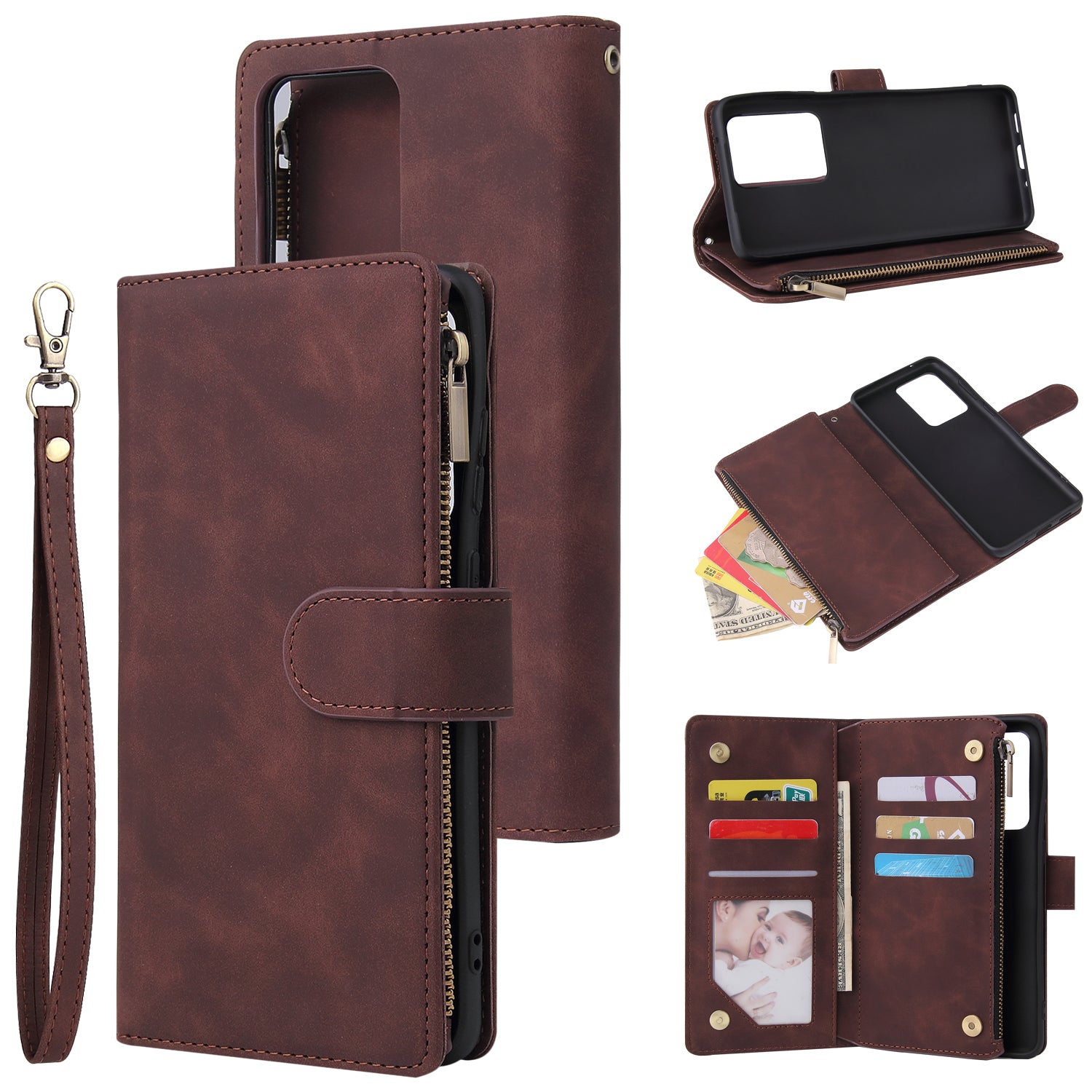 Zipper Pocket Multiple Card Slots Leather Stand Case for Samsung Galaxy S20 Ultra - Coffee