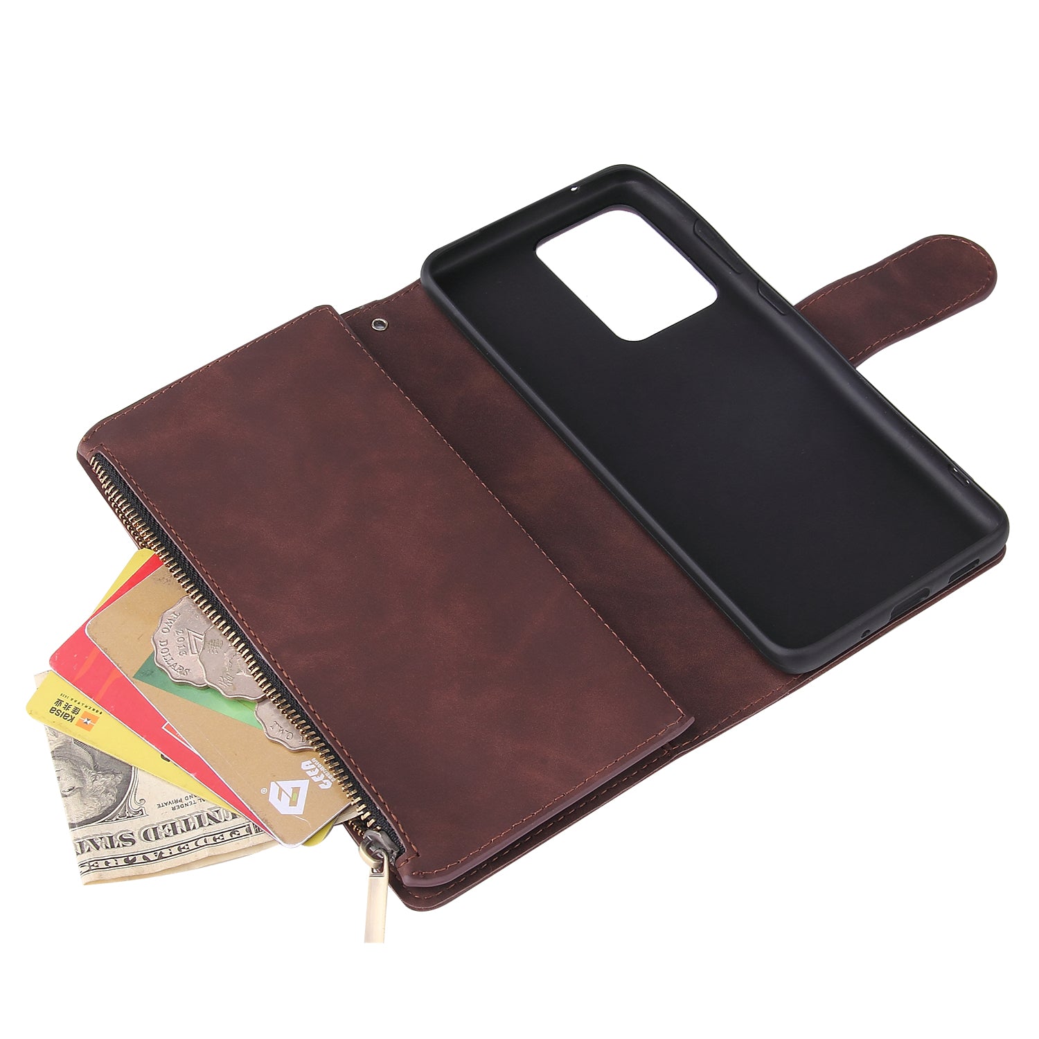 Zipper Pocket Multiple Card Slots Leather Stand Case for Samsung Galaxy S20 Ultra - Coffee