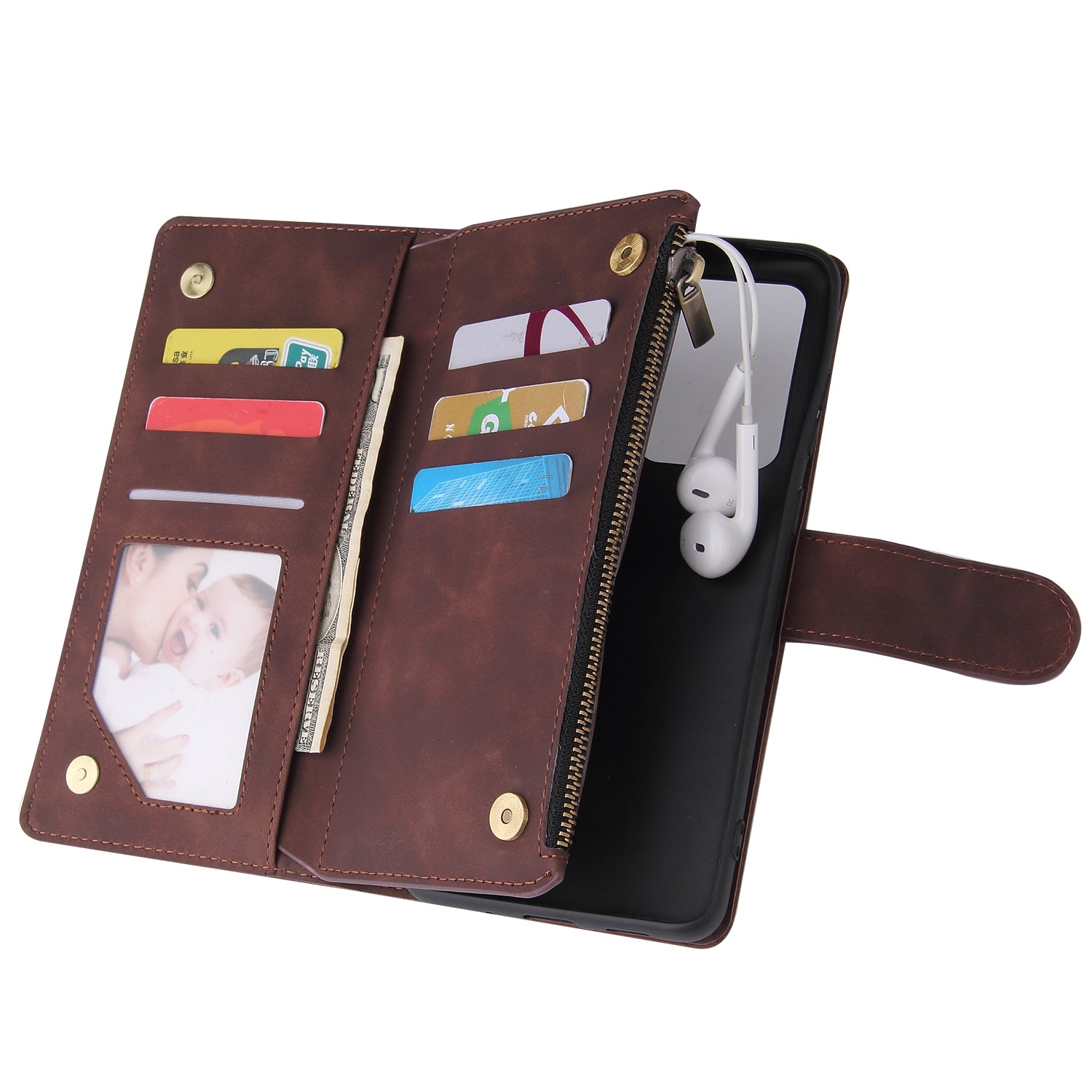 Zipper Pocket Multiple Card Slots Leather Stand Case for Samsung Galaxy S20 Ultra - Coffee