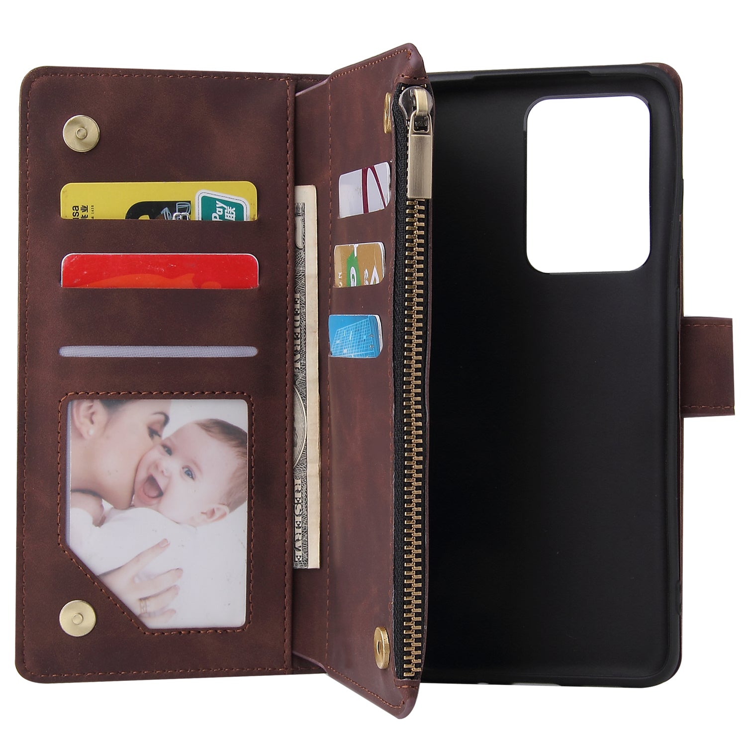 Zipper Pocket Multiple Card Slots Leather Stand Case for Samsung Galaxy S20 Ultra - Coffee