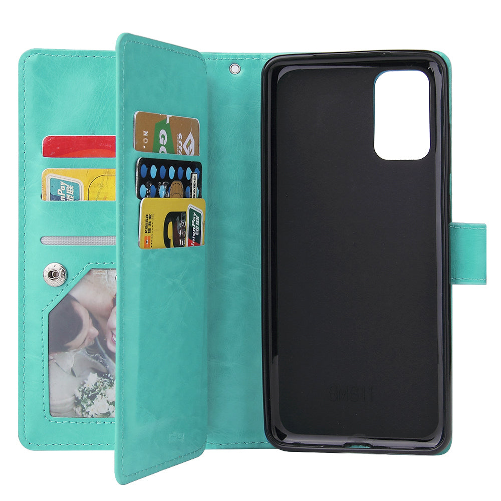 With 9 Card Slots Cell Phone Leather Phone Case for Samsung Galaxy S20 Ultra - Cyan