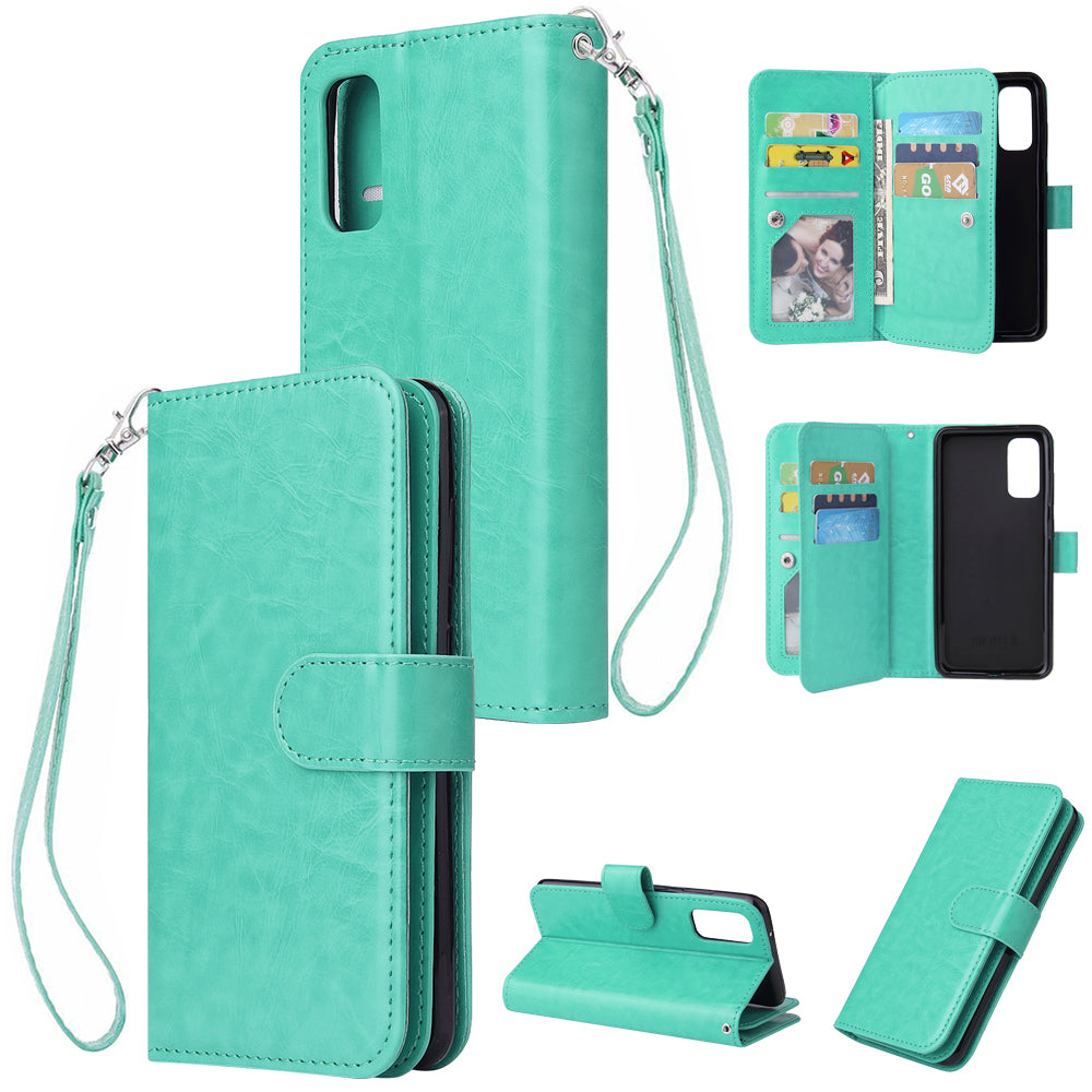 With 9 Card Slots Cell Phone Leather Case for Samsung Galaxy S20 Plus / S20 Plus 5G - Cyan