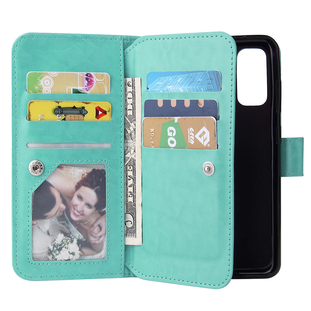 With 9 Card Slots Cell Phone Leather Case for Samsung Galaxy S20 Plus / S20 Plus 5G - Cyan