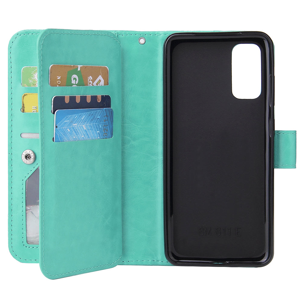 With 9 Card Slots Cell Phone Leather Case for Samsung Galaxy S20 Plus / S20 Plus 5G - Cyan