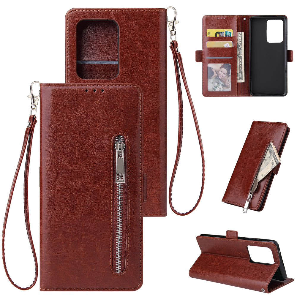 Magnetic Absorbed Zipper Leather Shell for Samsung Galaxy S20 Ultra - Brown