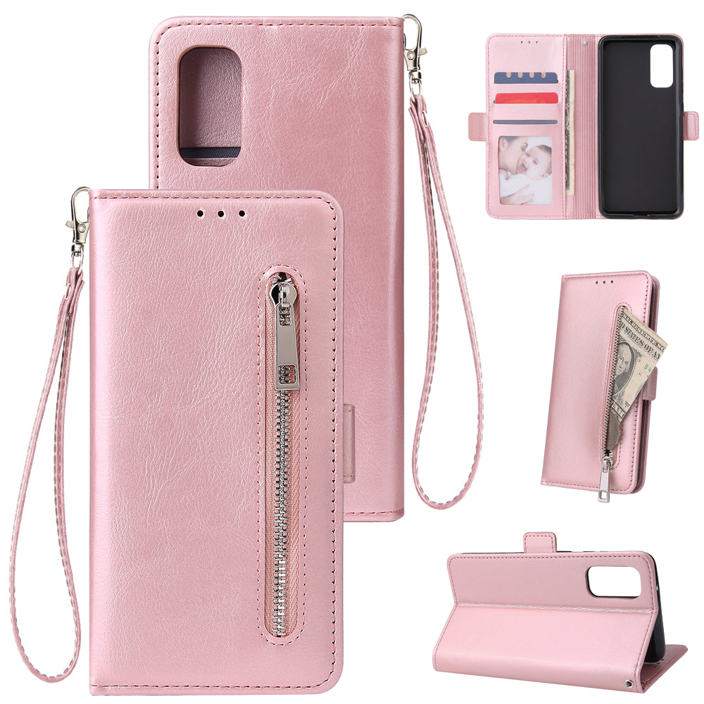 Magnetic Absorbed Zipper Leather Purse Shell for Samsung Galaxy S20 4G/S20 5G - Rose Gold