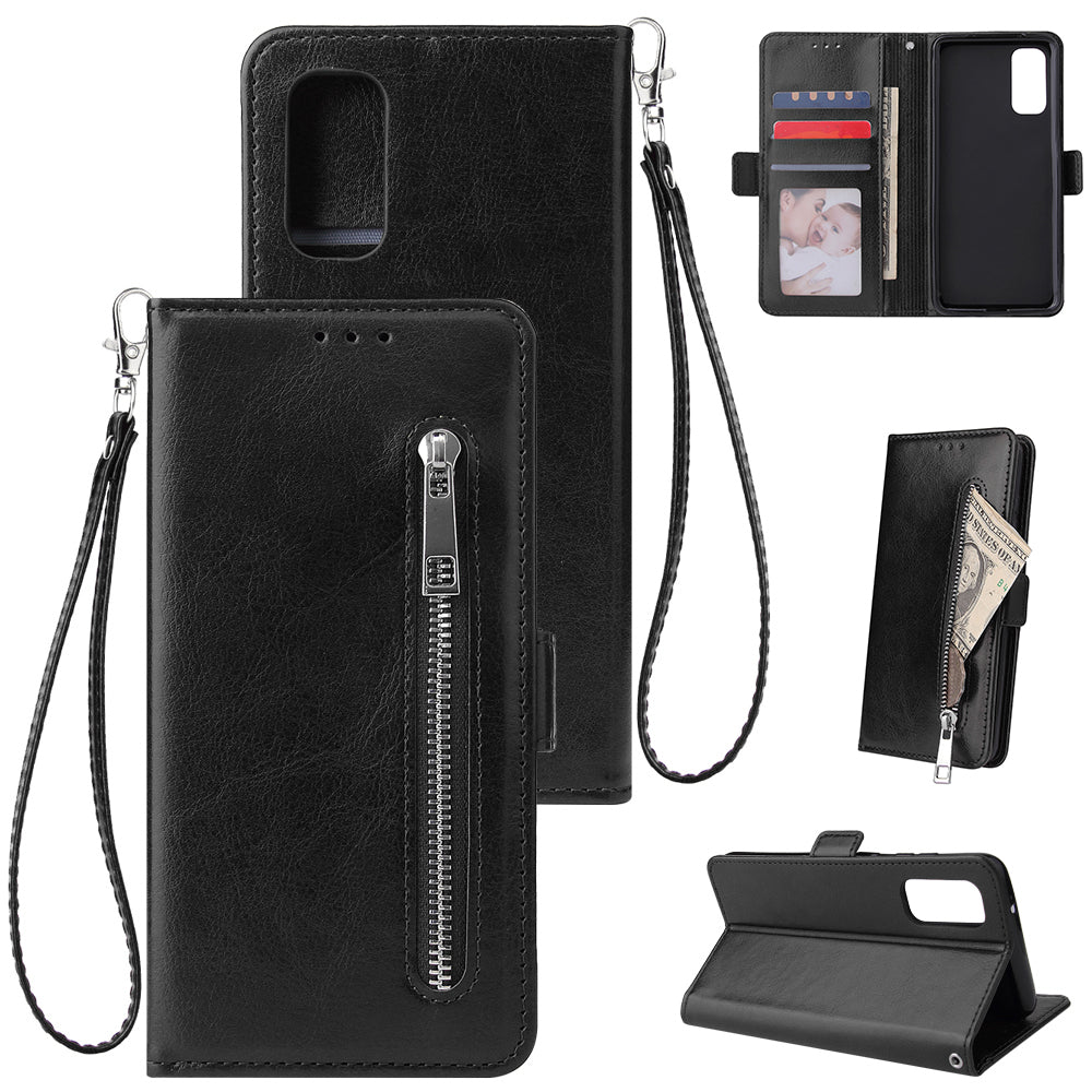 Magnetic Absorbed Zipper Leather Purse Shell for Samsung Galaxy S20 4G/S20 5G - Black