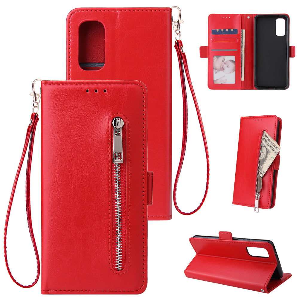 Magnetic Absorbed Zipper Leather Purse Shell for Samsung Galaxy S20 4G/S20 5G - Red