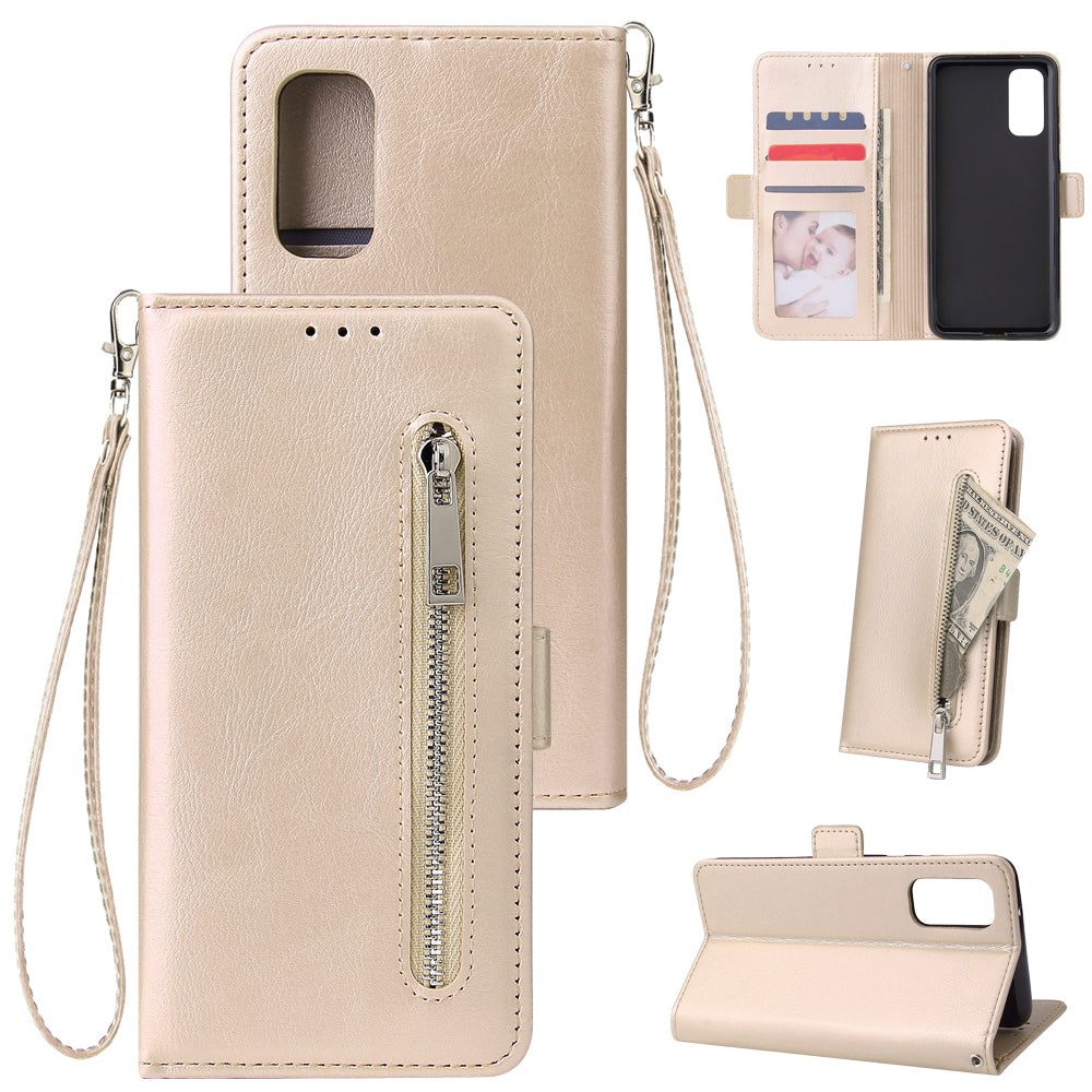 Magnetic Absorbed Zipper Leather Purse Shell for Samsung Galaxy S20 4G/S20 5G - Gold