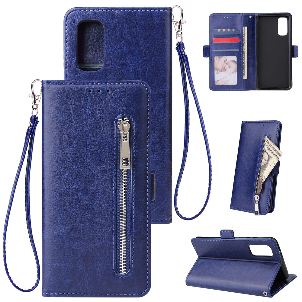 Magnetic Absorbed Zipper Leather Purse Shell for Samsung Galaxy S20 4G/S20 5G - Blue