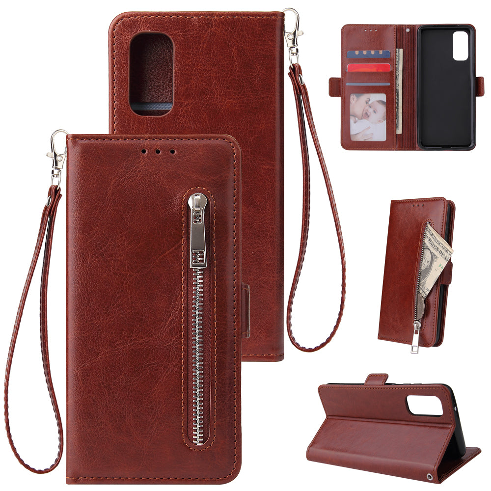 Magnetic Absorbed Zipper Leather Purse Shell for Samsung Galaxy S20 4G/S20 5G - Brown