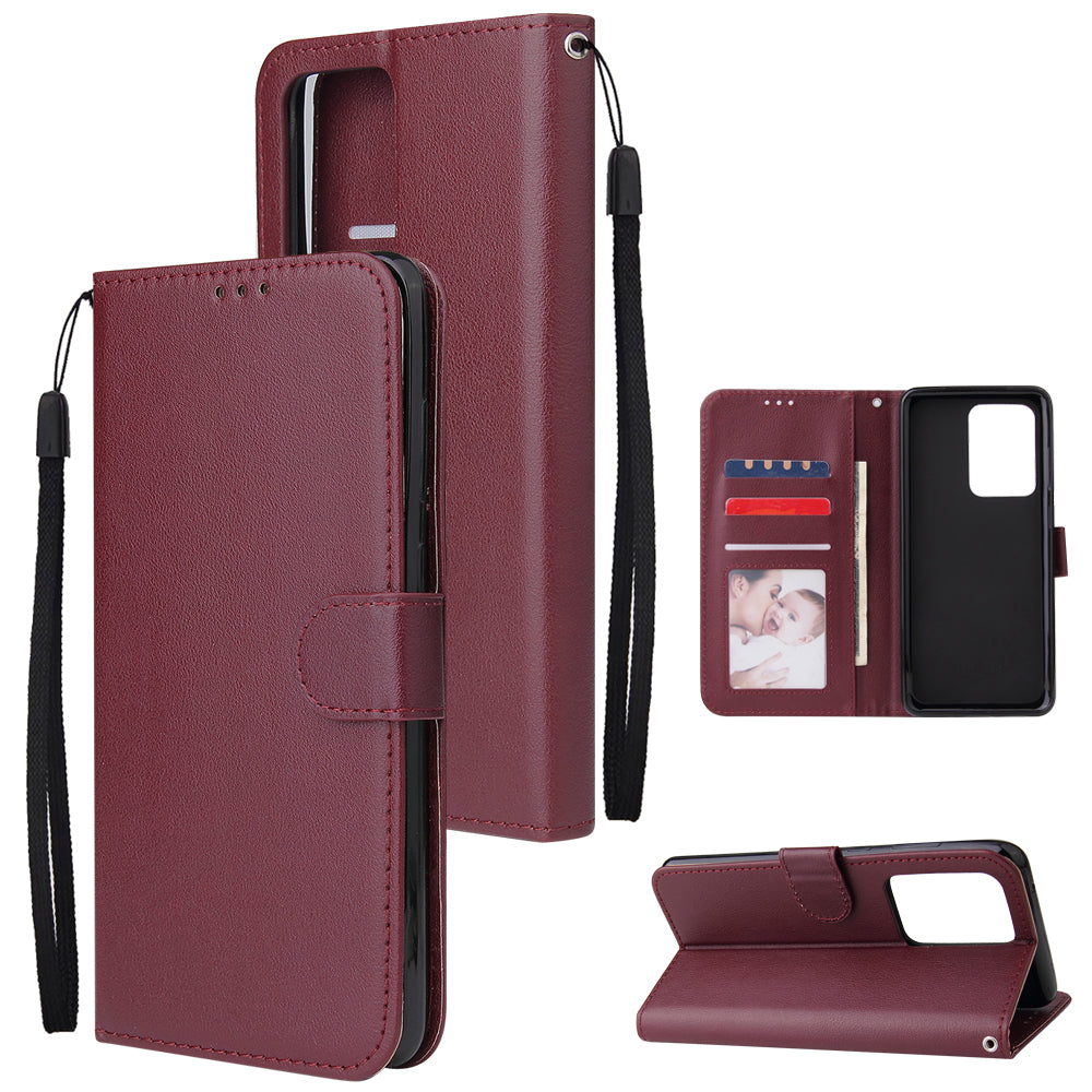 PU Leather Wallet Cell Phone Case with Lanyard for Samsung Galaxy S20 Ultra - Wine Red