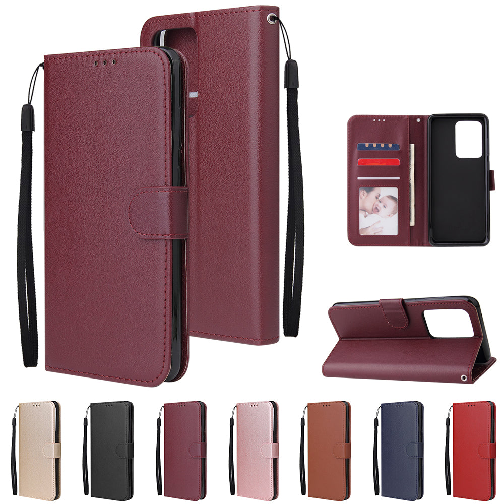 PU Leather Wallet Cell Phone Case with Lanyard for Samsung Galaxy S20 Ultra - Wine Red