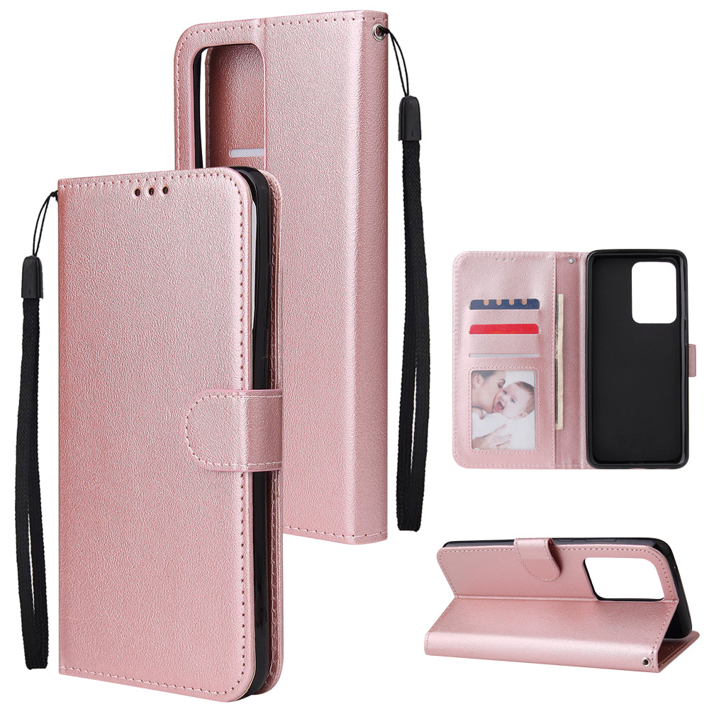 PU Leather Wallet Cell Phone Case with Lanyard for Samsung Galaxy S20 Ultra - Rose Gold