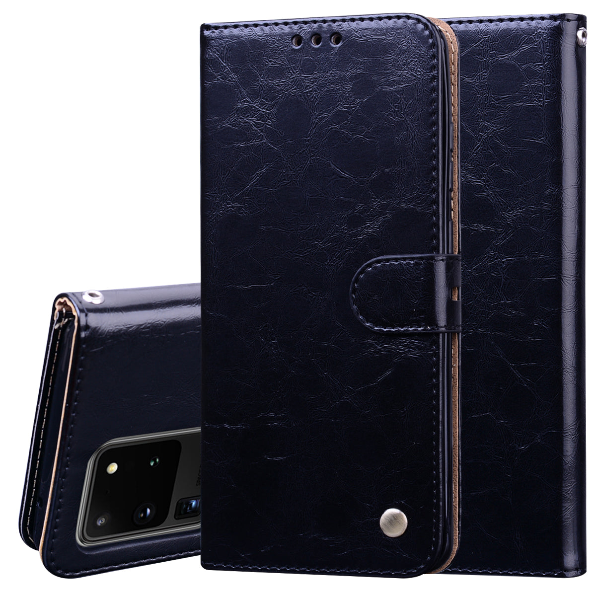 Business Style Oil Wax PU Leather Wallet Cover for Samsung Galaxy S20 Ultra - Black