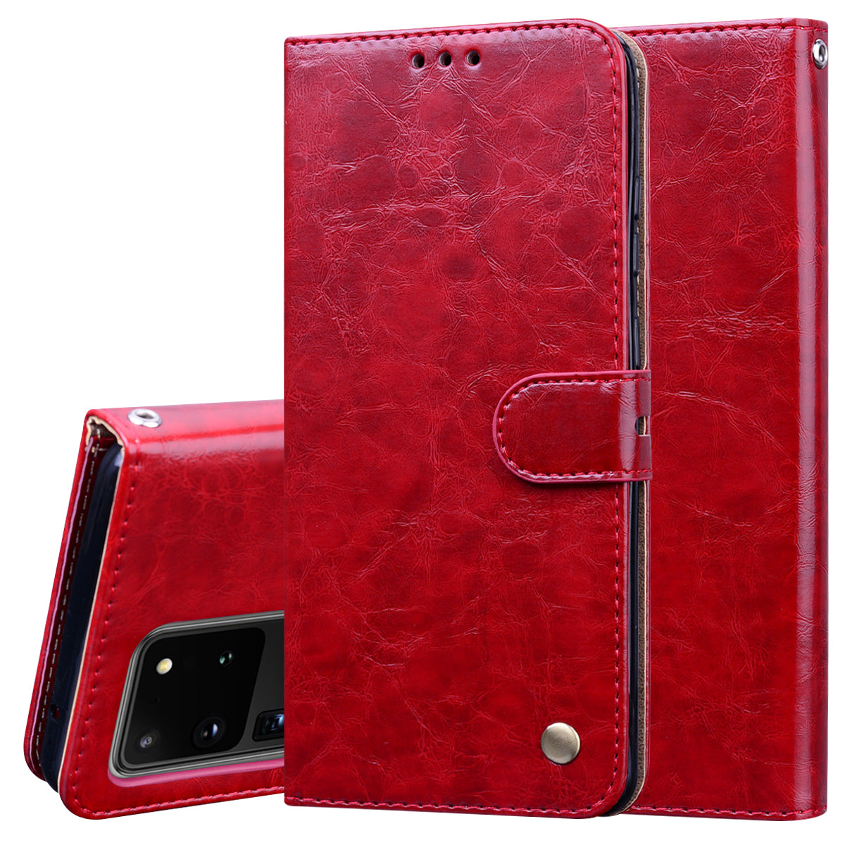 Business Style Oil Wax PU Leather Wallet Cover for Samsung Galaxy S20 Ultra - Red