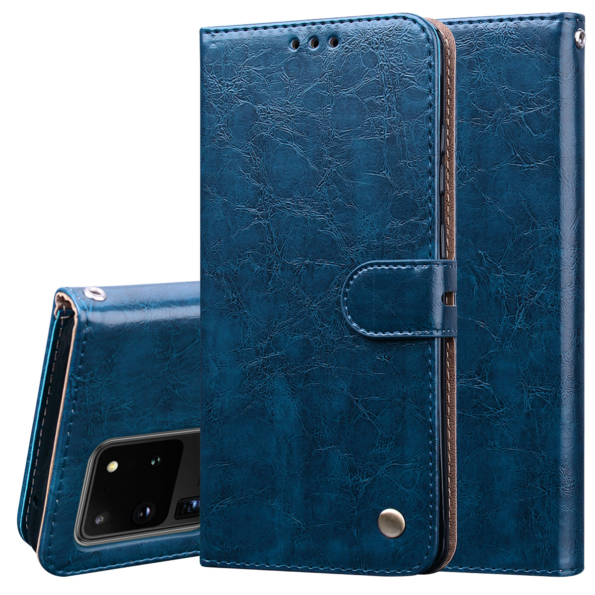 Business Style Oil Wax PU Leather Wallet Cover for Samsung Galaxy S20 Ultra - Blue