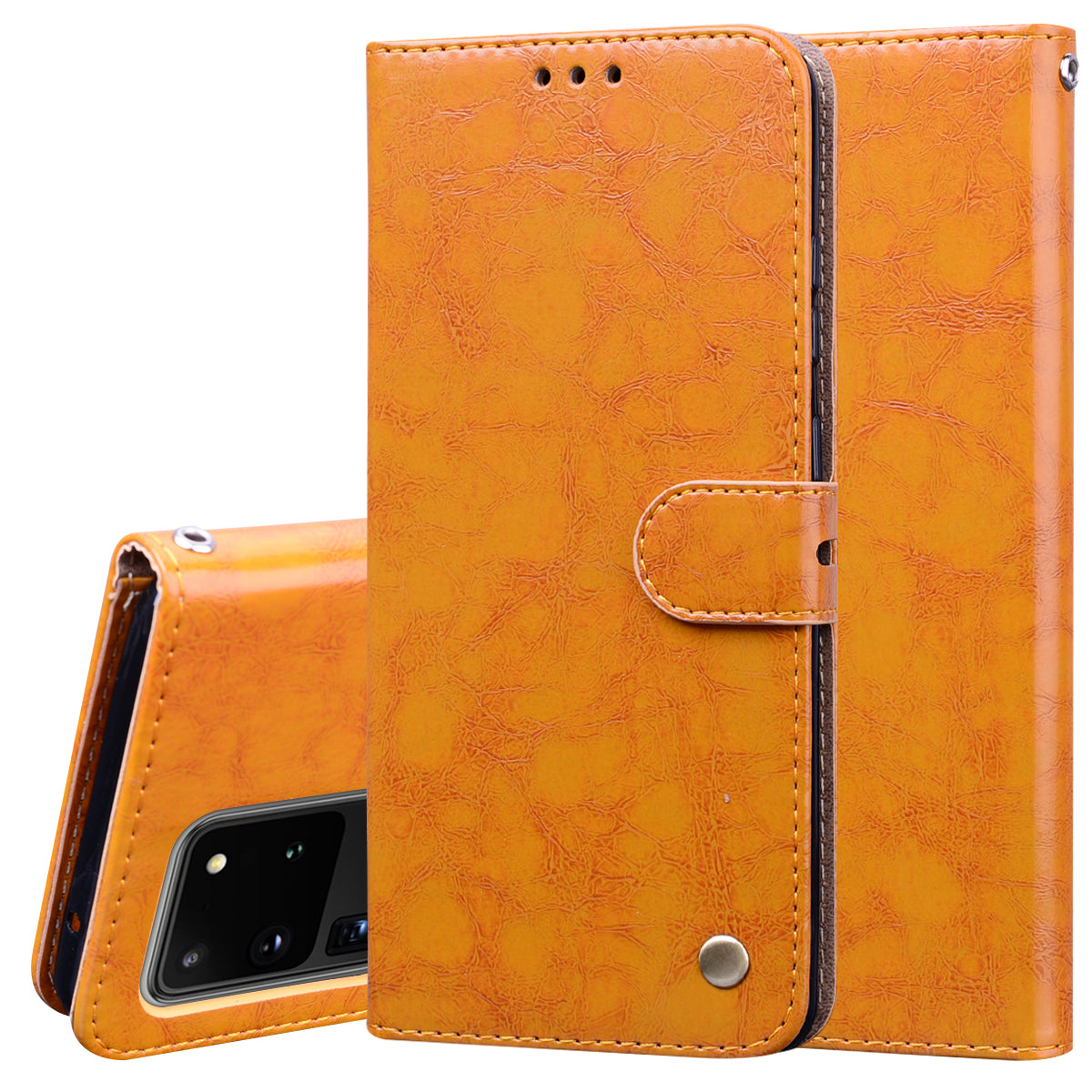 Business Style Oil Wax PU Leather Wallet Cover for Samsung Galaxy S20 Ultra - Brown