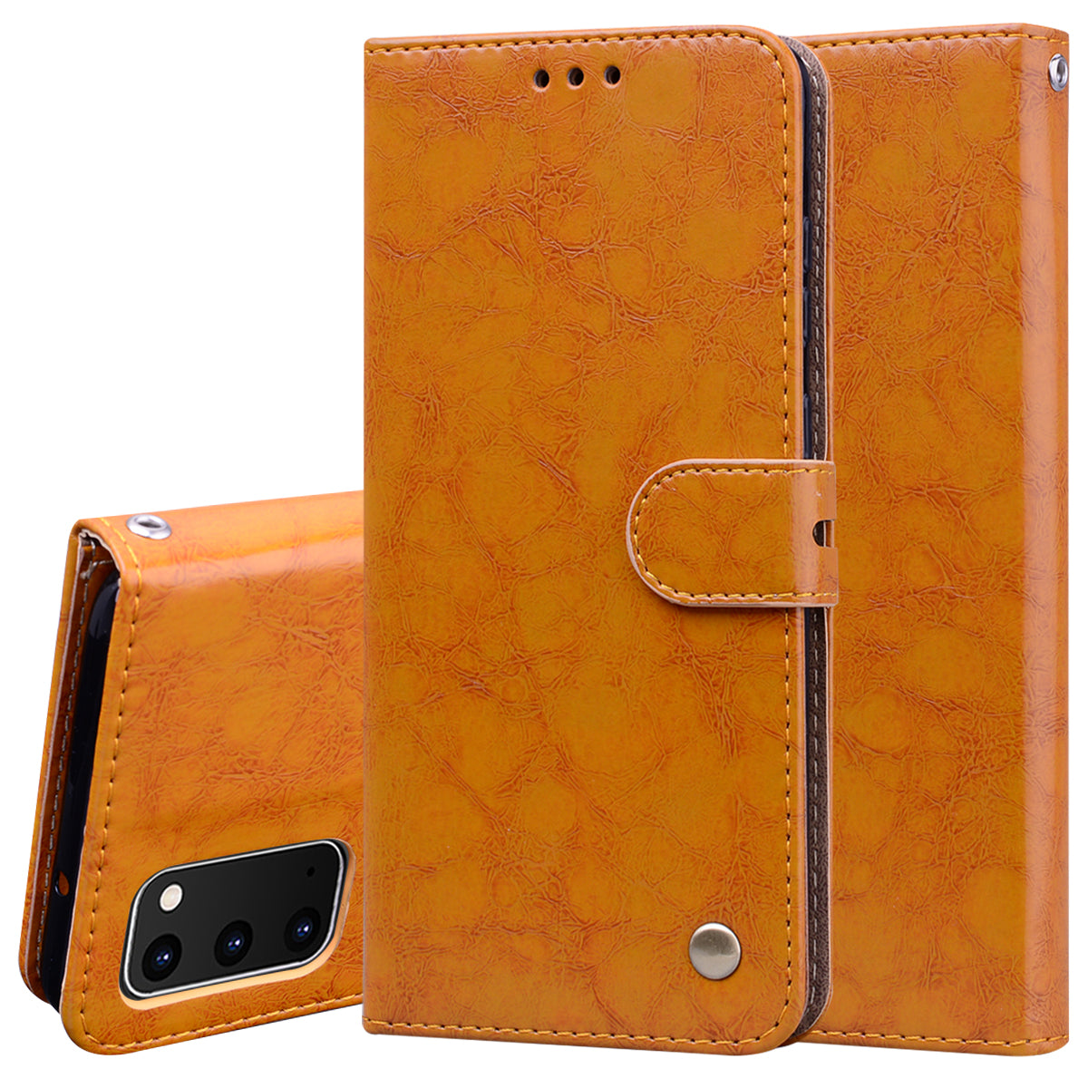 Oil Wax PU Leather Business Style Cell Phone Case for Samsung Galaxy S20 4G/S20 5G - Brown