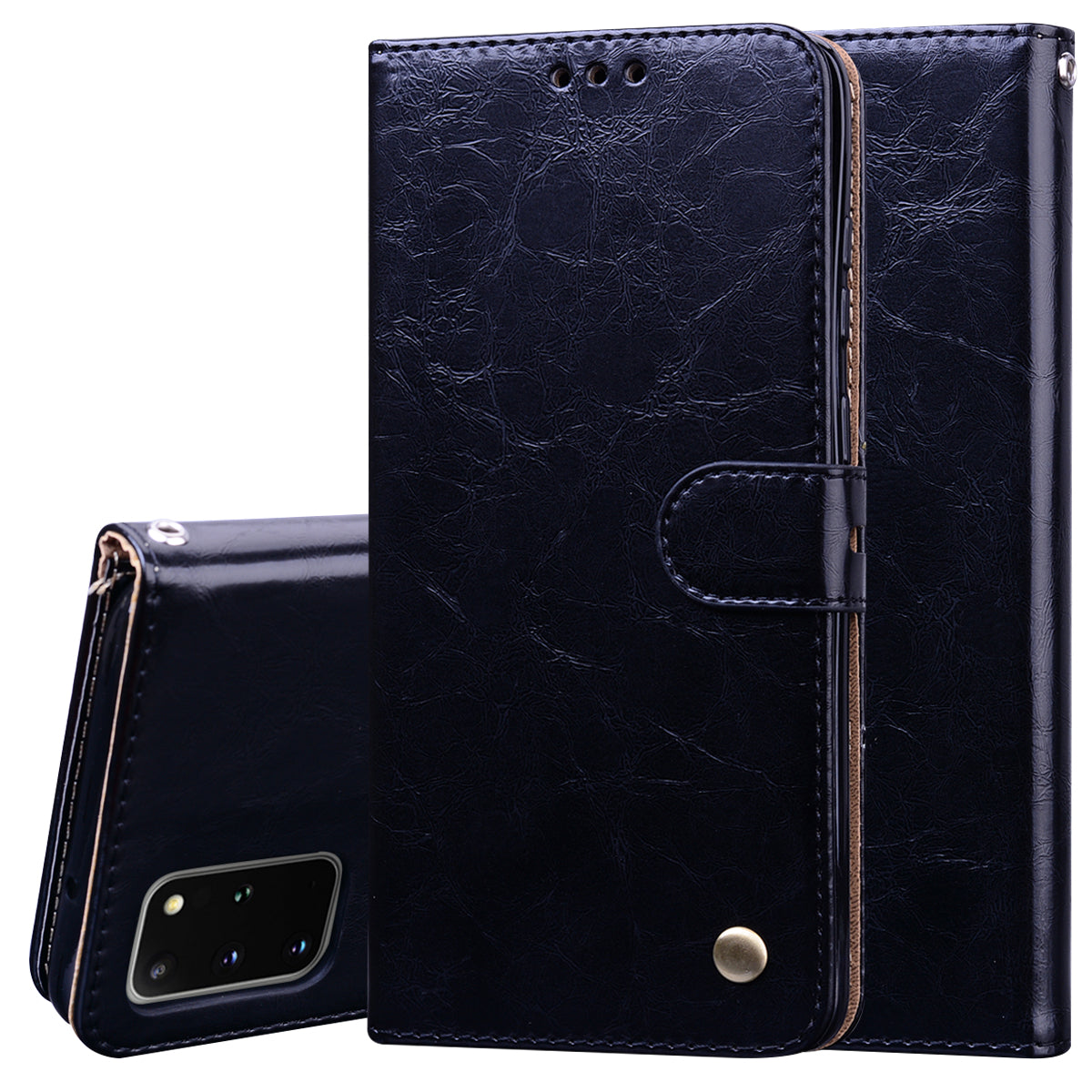 Business Style Oil Wax PU Leather Wallet Stand Mobile Phone Cover for Samsung Galaxy S20 Plus / S20 Plus 5G - Black