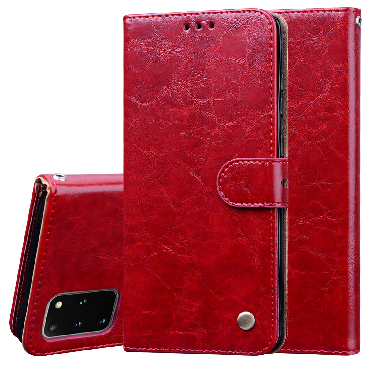 Business Style Oil Wax PU Leather Wallet Stand Mobile Phone Cover for Samsung Galaxy S20 Plus / S20 Plus 5G - Red