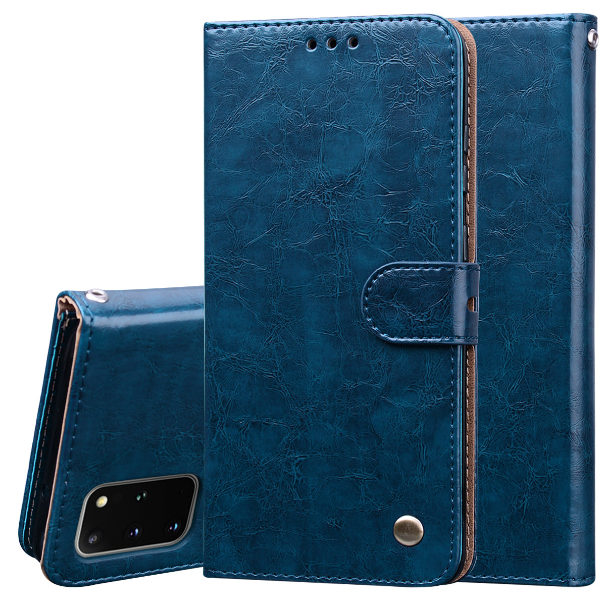 Business Style Oil Wax PU Leather Wallet Stand Mobile Phone Cover for Samsung Galaxy S20 Plus / S20 Plus 5G - Blue