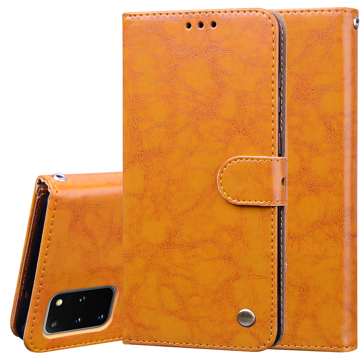 Business Style Oil Wax PU Leather Wallet Stand Mobile Phone Cover for Samsung Galaxy S20 Plus / S20 Plus 5G - Yellow