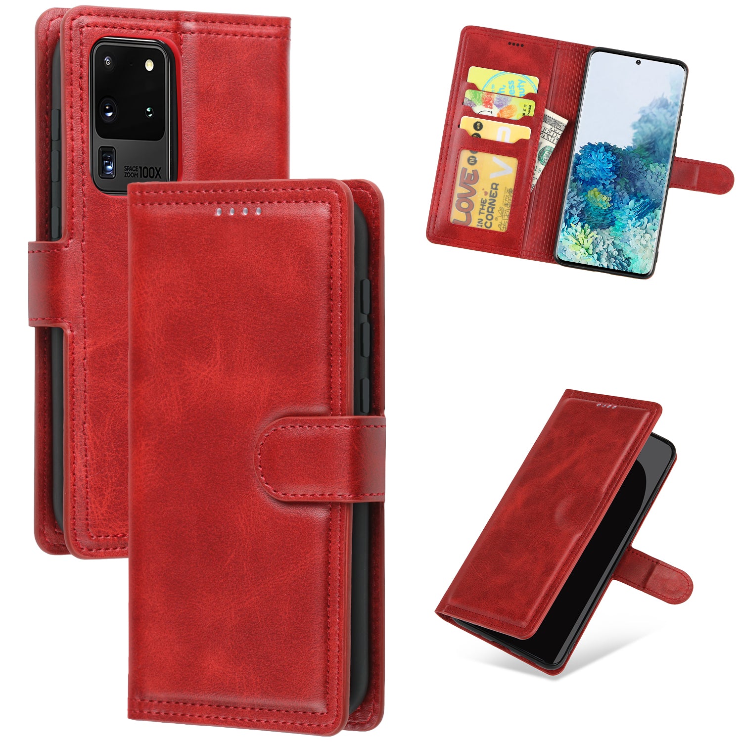 Wallet Leather Stand Phone Cover for Samsung Galaxy S20 Ultra - Red