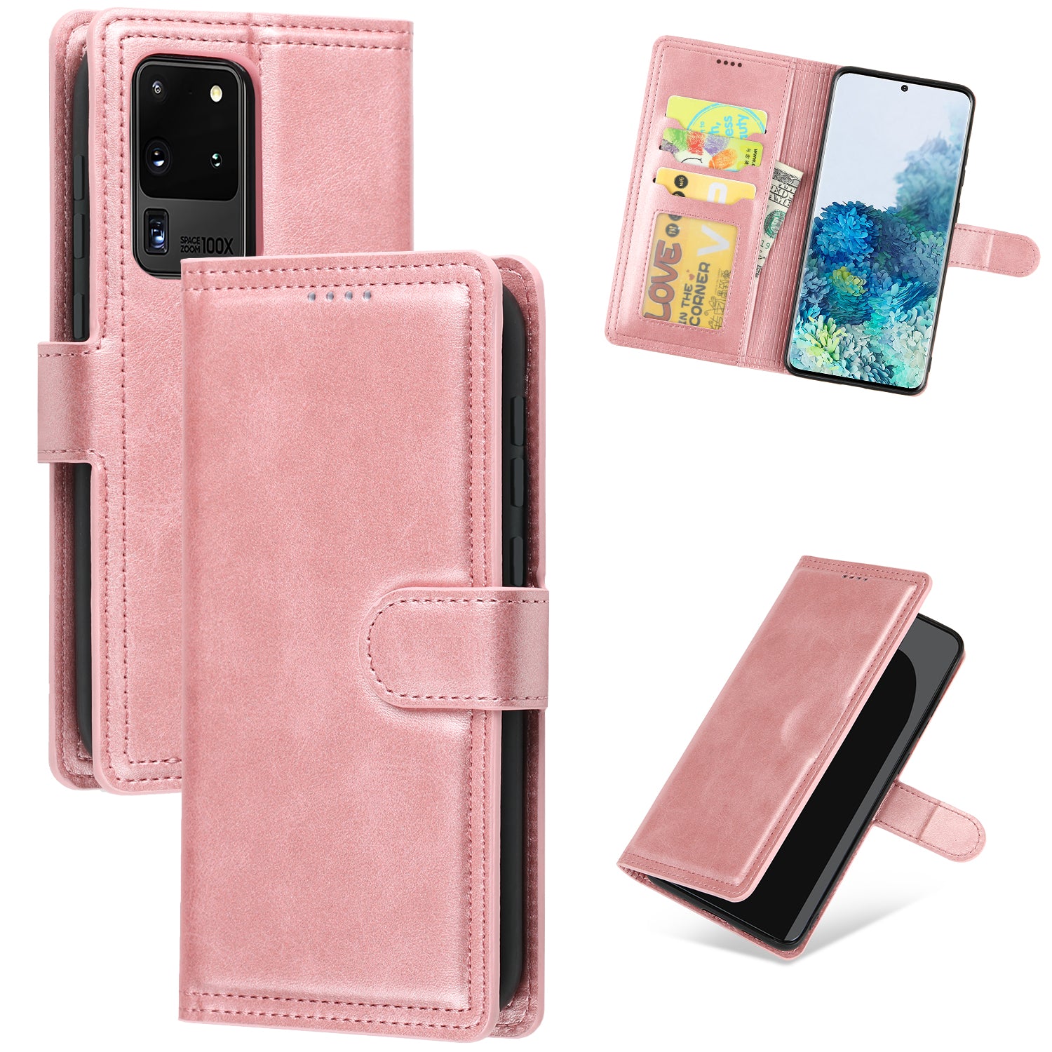 Wallet Leather Stand Phone Cover for Samsung Galaxy S20 Ultra - Rose Gold