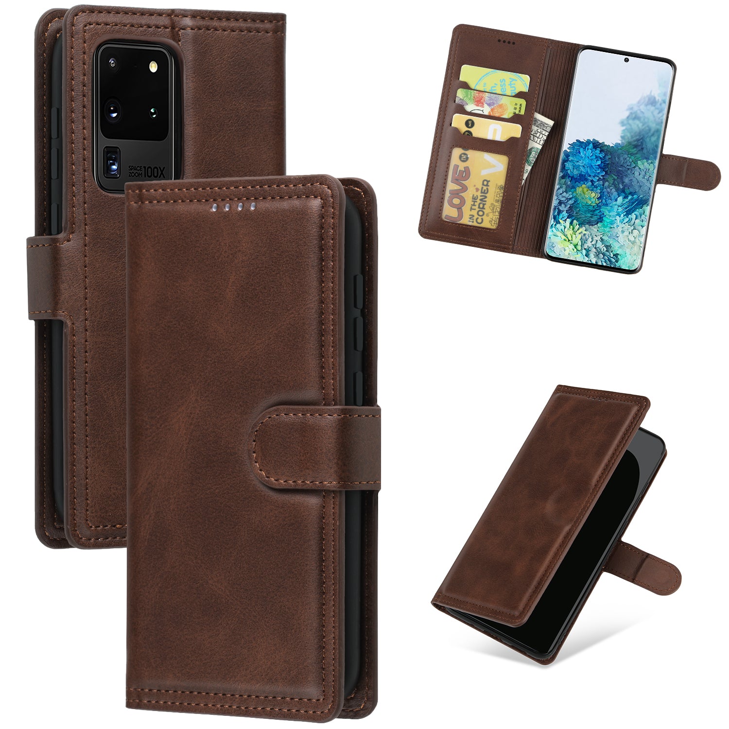 Wallet Leather Stand Phone Cover for Samsung Galaxy S20 Ultra - Coffee