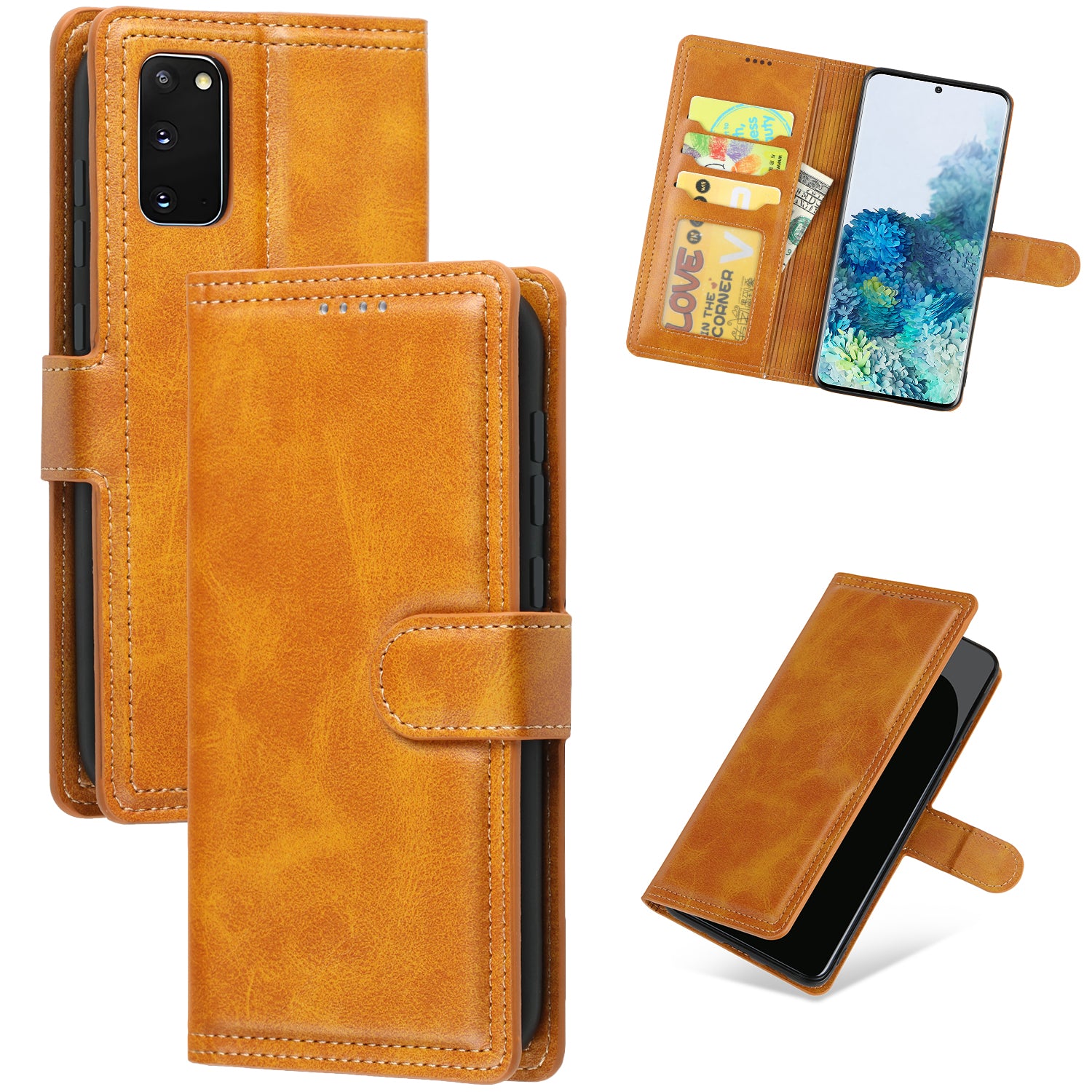 Wallet Leather Stand Phone Cover for Samsung Galaxy S20 4G/S20 5G - Brown