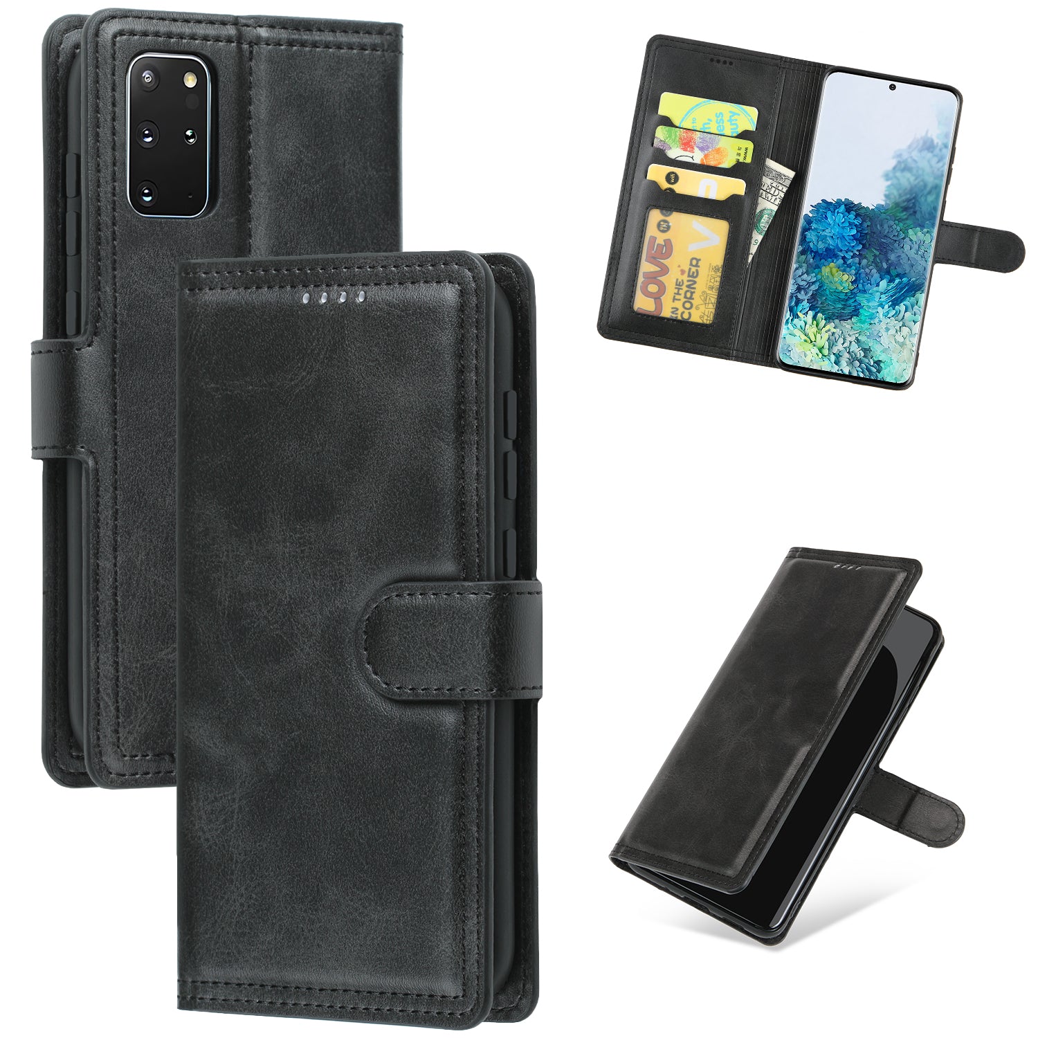 Wallet Leather Stand Phone Case for Samsung Galaxy S20 Plus - Black