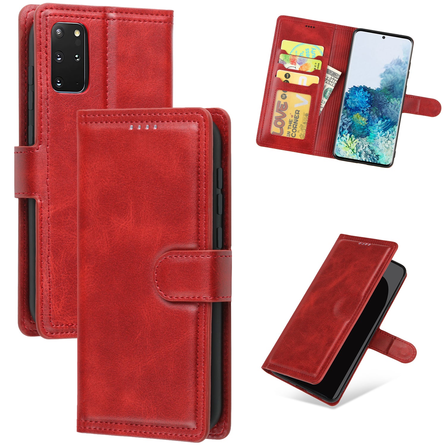 Wallet Leather Stand Phone Case for Samsung Galaxy S20 Plus - Red