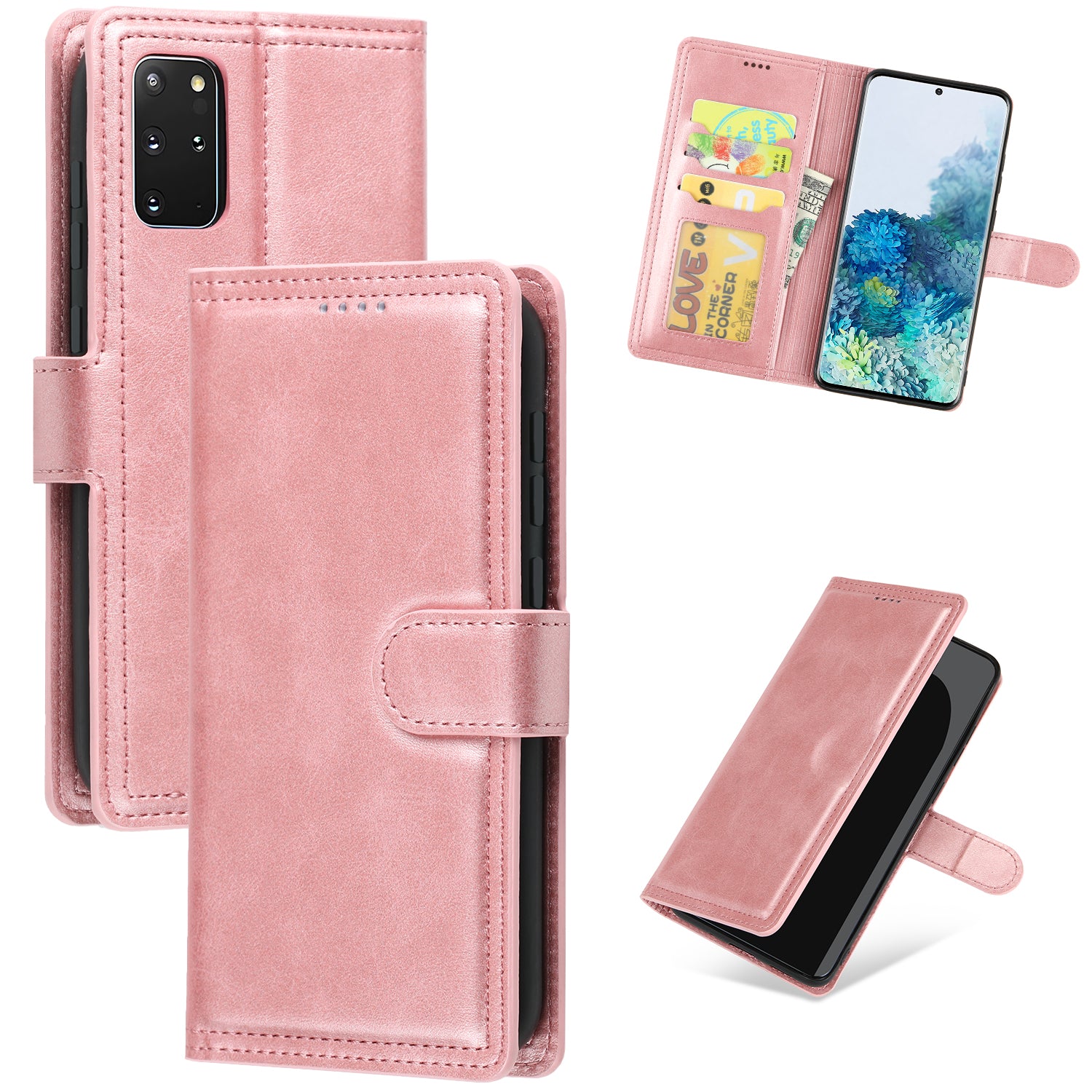 Wallet Leather Stand Phone Case for Samsung Galaxy S20 Plus - Rose Gold