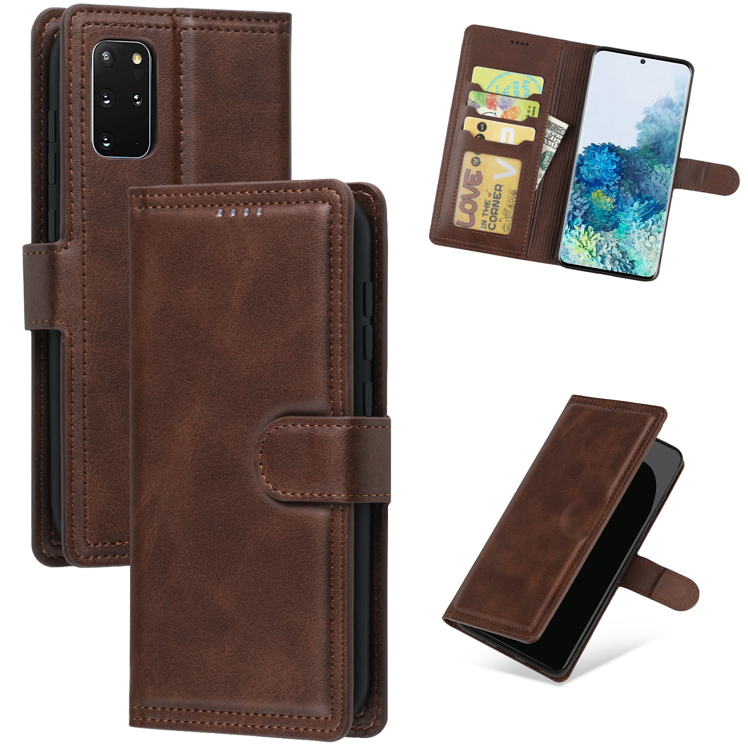 Wallet Leather Stand Phone Case for Samsung Galaxy S20 Plus - Coffee