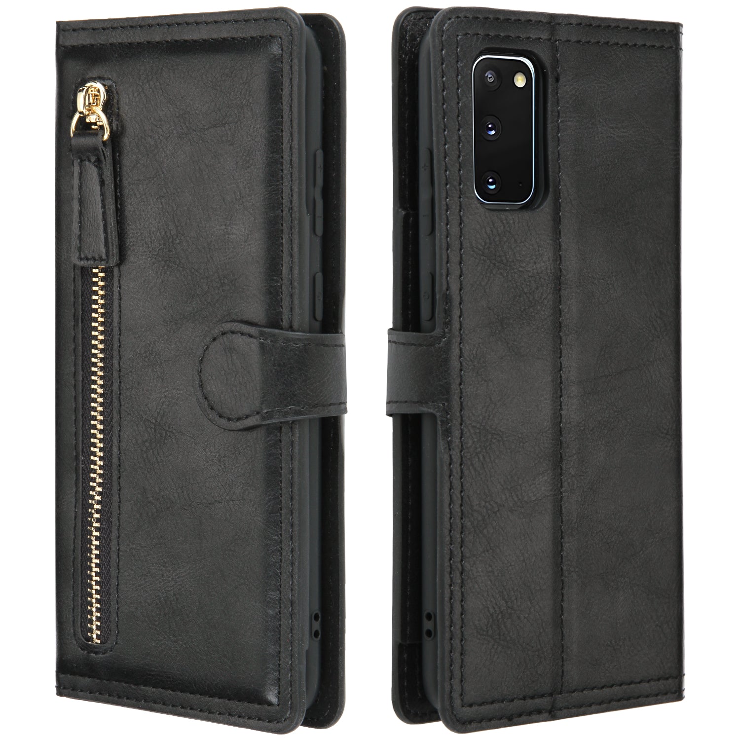 Zipper Pocket Wallet Stand Protection Flip Leather Phone Cover for Samsung Galaxy S20 4G/S20 5G - Black