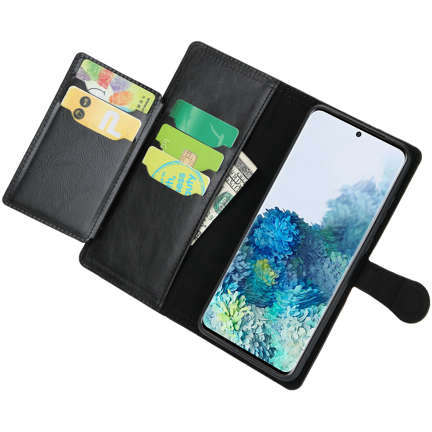 Zipper Pocket Wallet Stand Protection Flip Leather Phone Cover for Samsung Galaxy S20 4G/S20 5G - Black