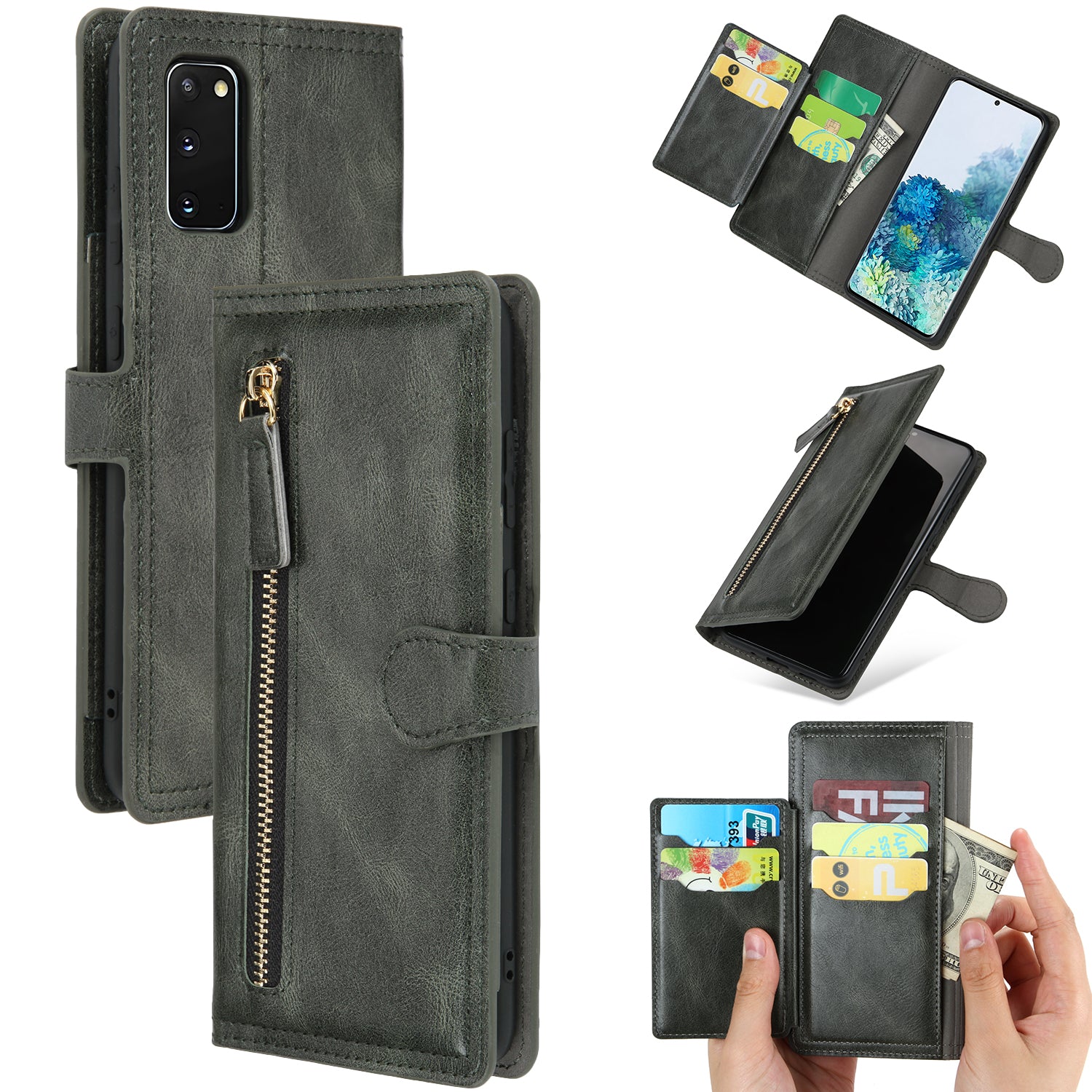 Zipper Pocket Wallet Stand Protection Flip Leather Phone Cover for Samsung Galaxy S20 4G/S20 5G - Grey