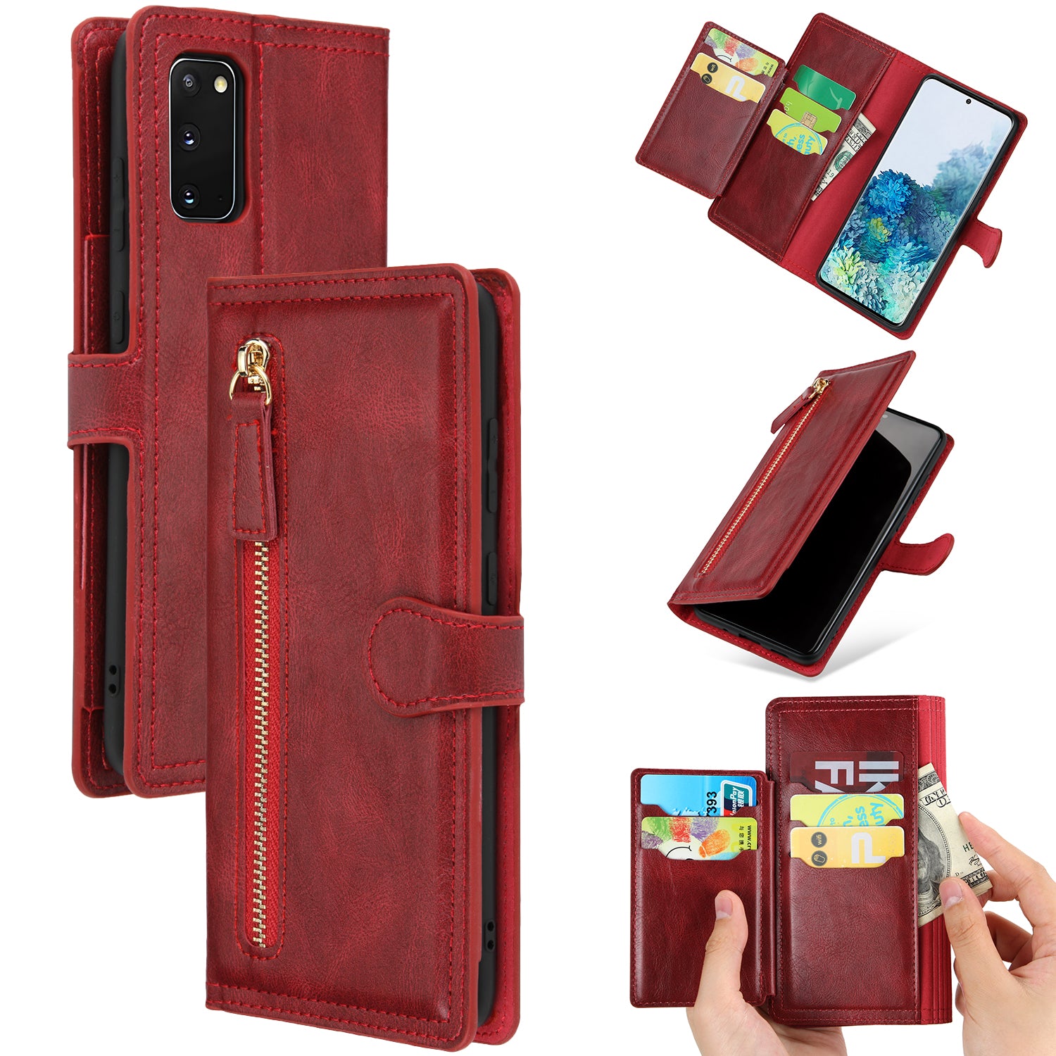 Zipper Pocket Wallet Stand Protection Flip Leather Phone Cover for Samsung Galaxy S20 4G/S20 5G - Red