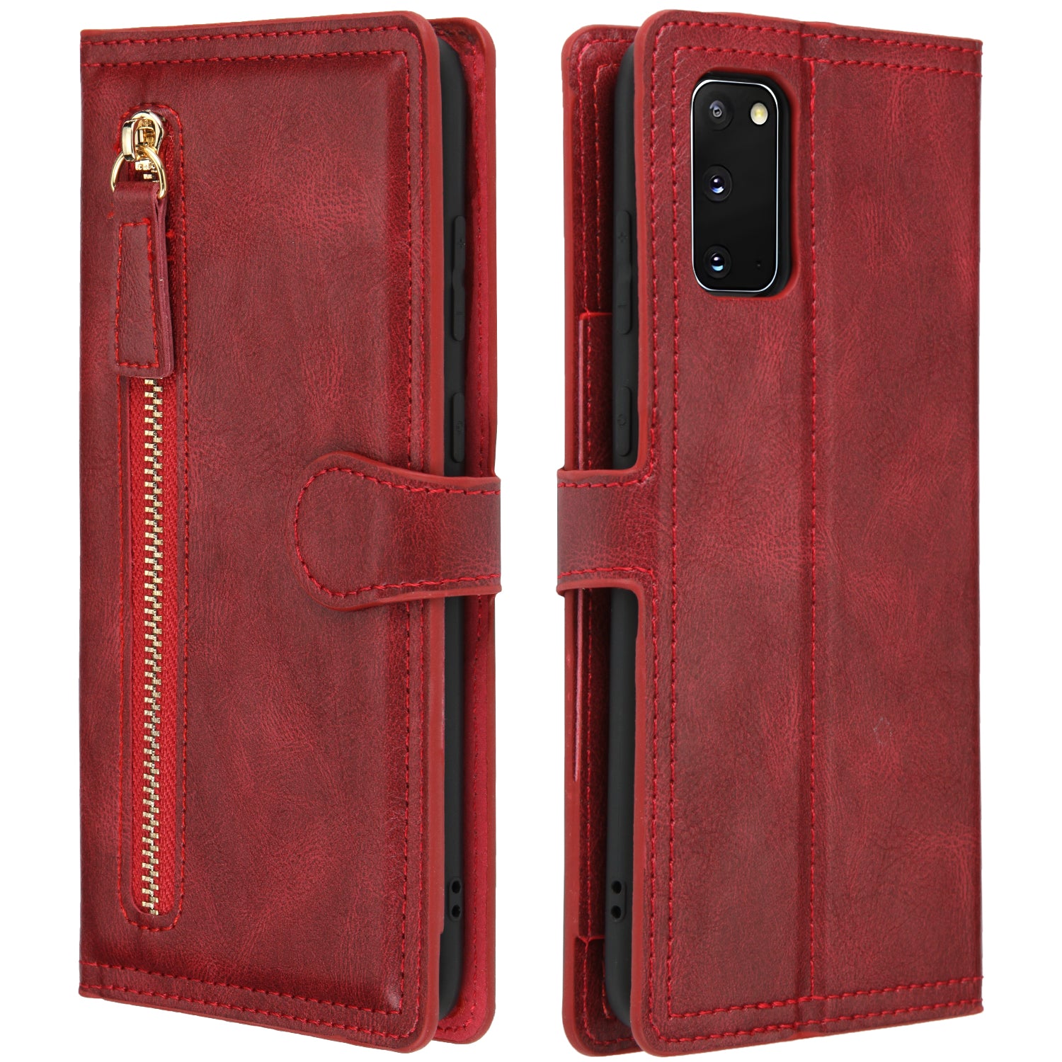 Zipper Pocket Wallet Stand Protection Flip Leather Phone Cover for Samsung Galaxy S20 4G/S20 5G - Red