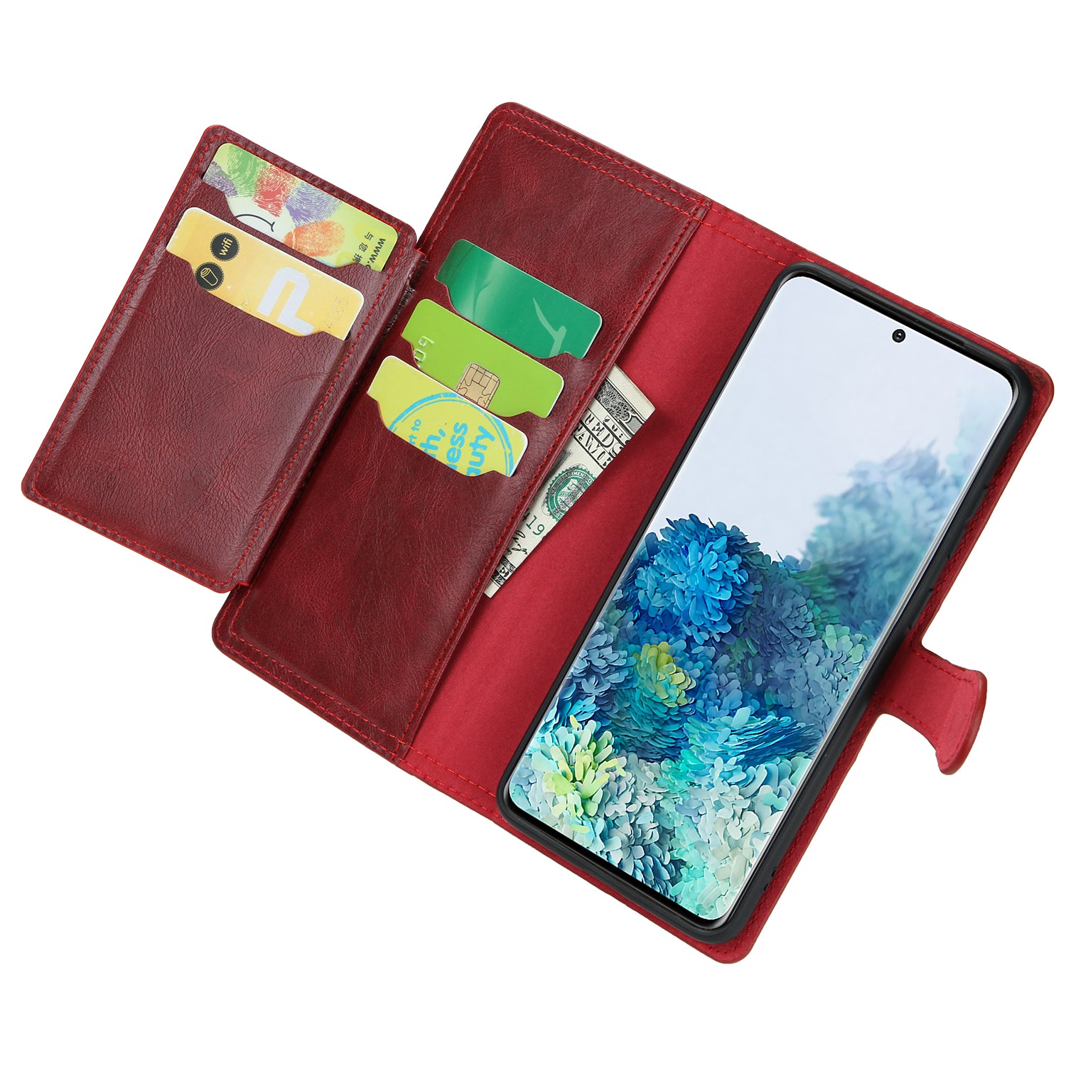 Zipper Pocket Wallet Stand Protection Flip Leather Phone Cover for Samsung Galaxy S20 4G/S20 5G - Red