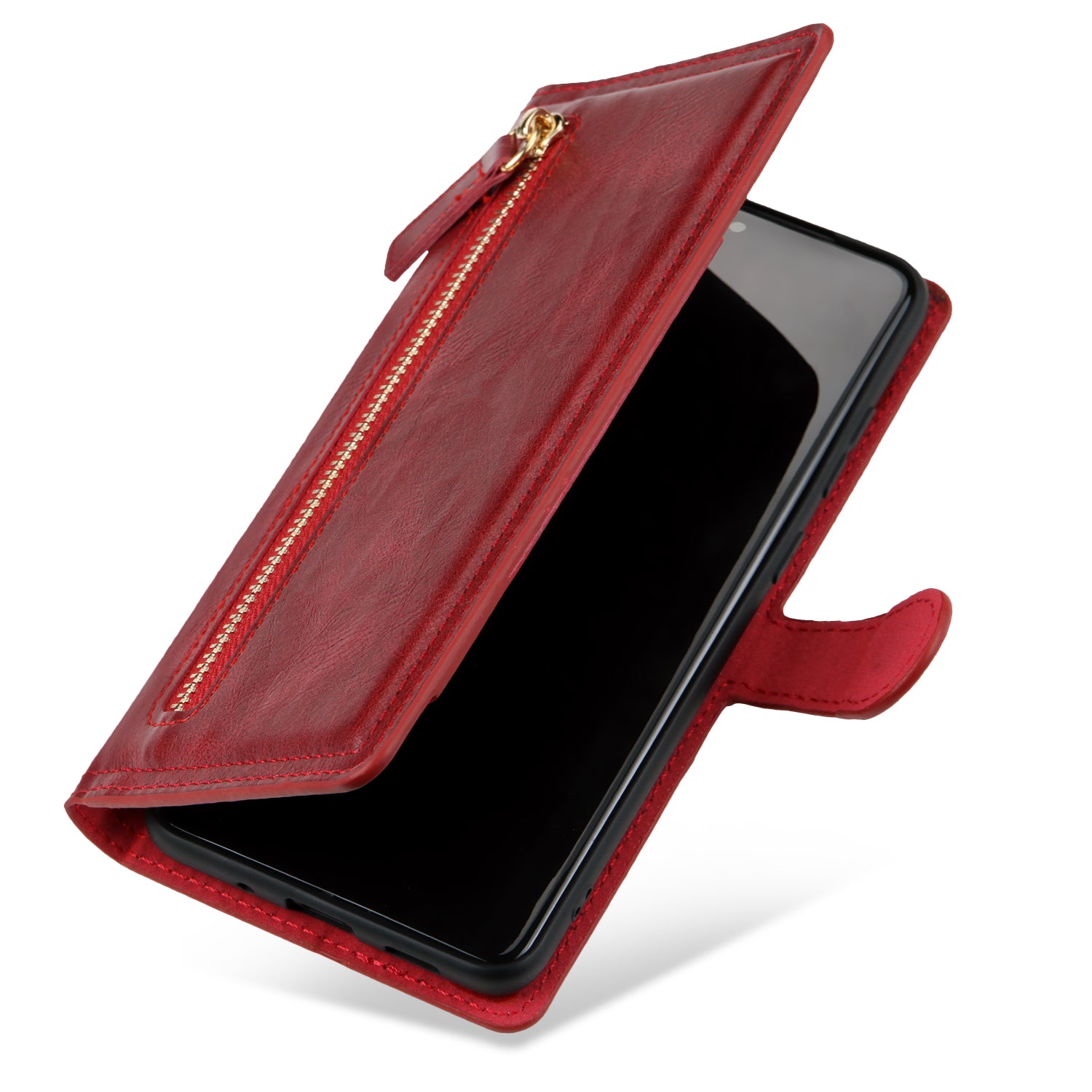 Zipper Pocket Wallet Stand Protection Flip Leather Phone Cover for Samsung Galaxy S20 4G/S20 5G - Red