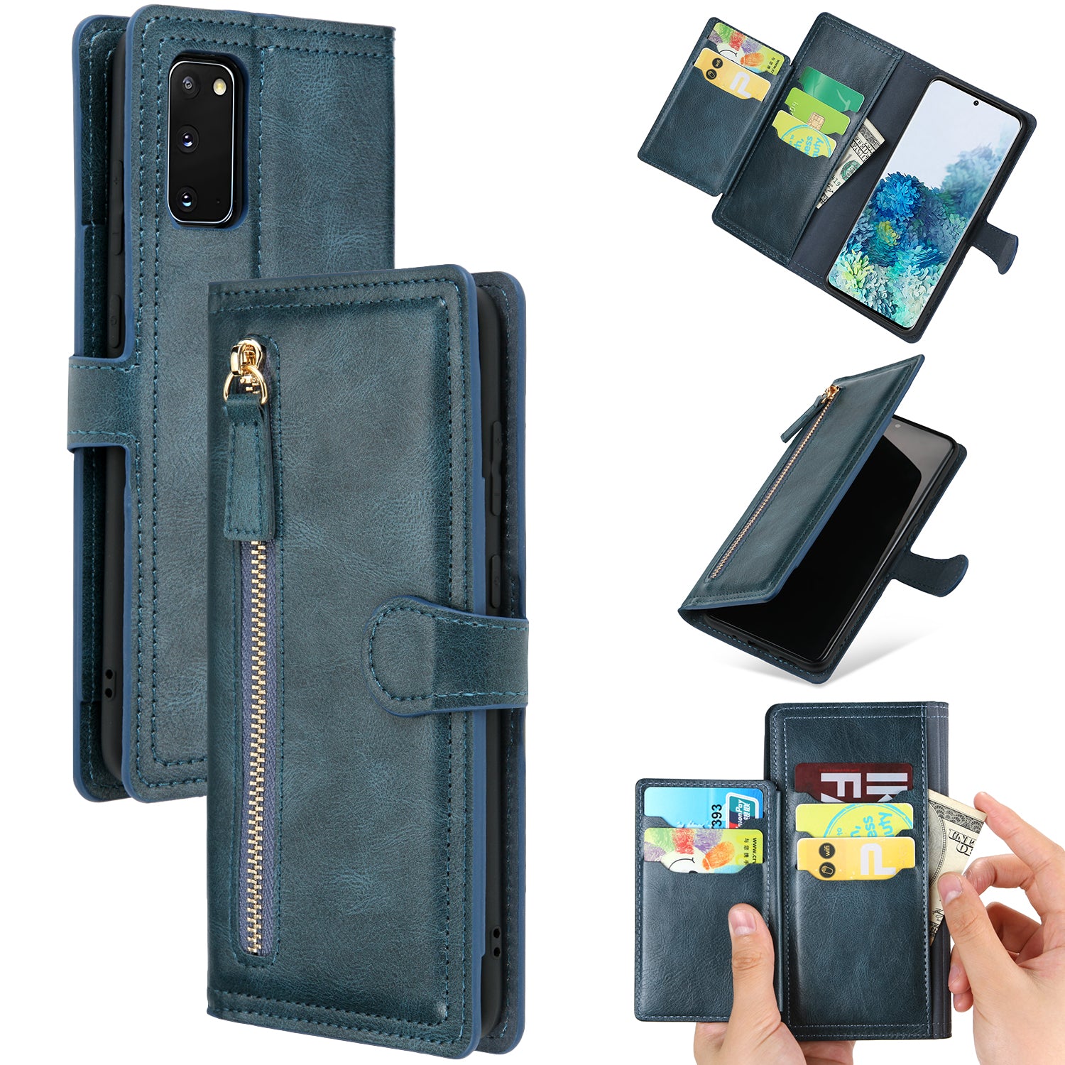 Zipper Pocket Wallet Stand Protection Flip Leather Phone Cover for Samsung Galaxy S20 4G/S20 5G - Blue