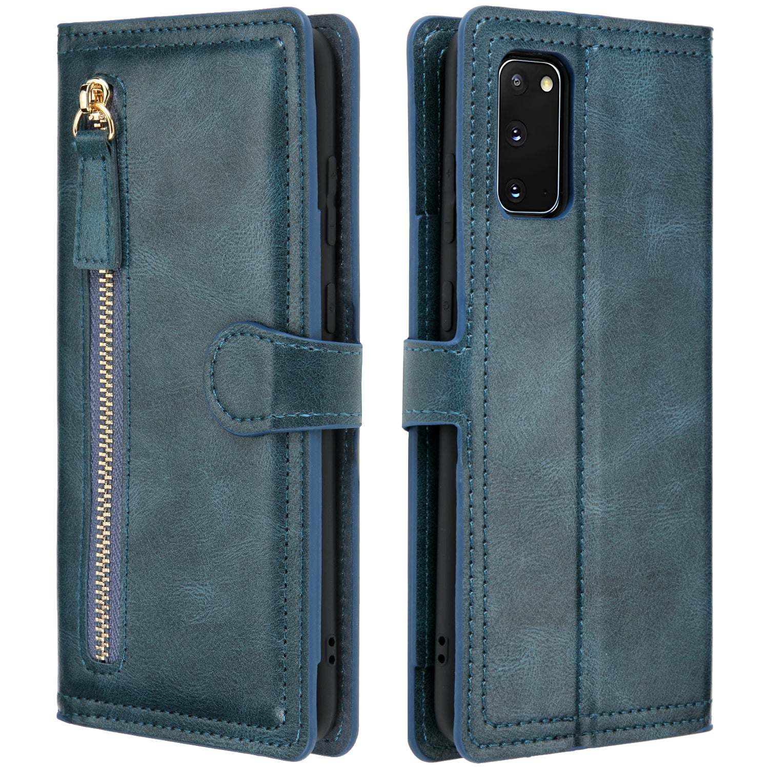 Zipper Pocket Wallet Stand Protection Flip Leather Phone Cover for Samsung Galaxy S20 4G/S20 5G - Blue