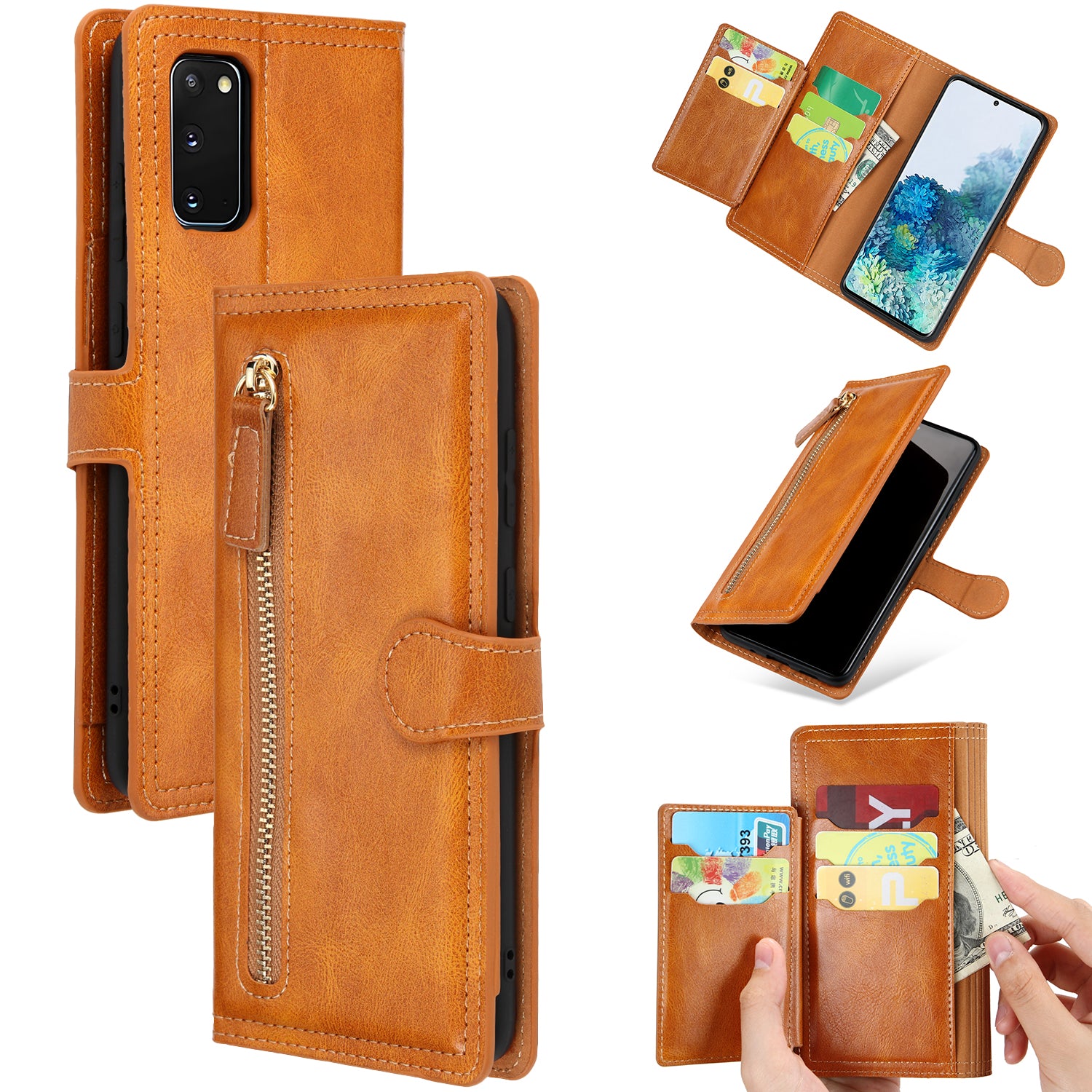 Zipper Pocket Wallet Stand Protection Flip Leather Phone Cover for Samsung Galaxy S20 4G/S20 5G - Light Brown