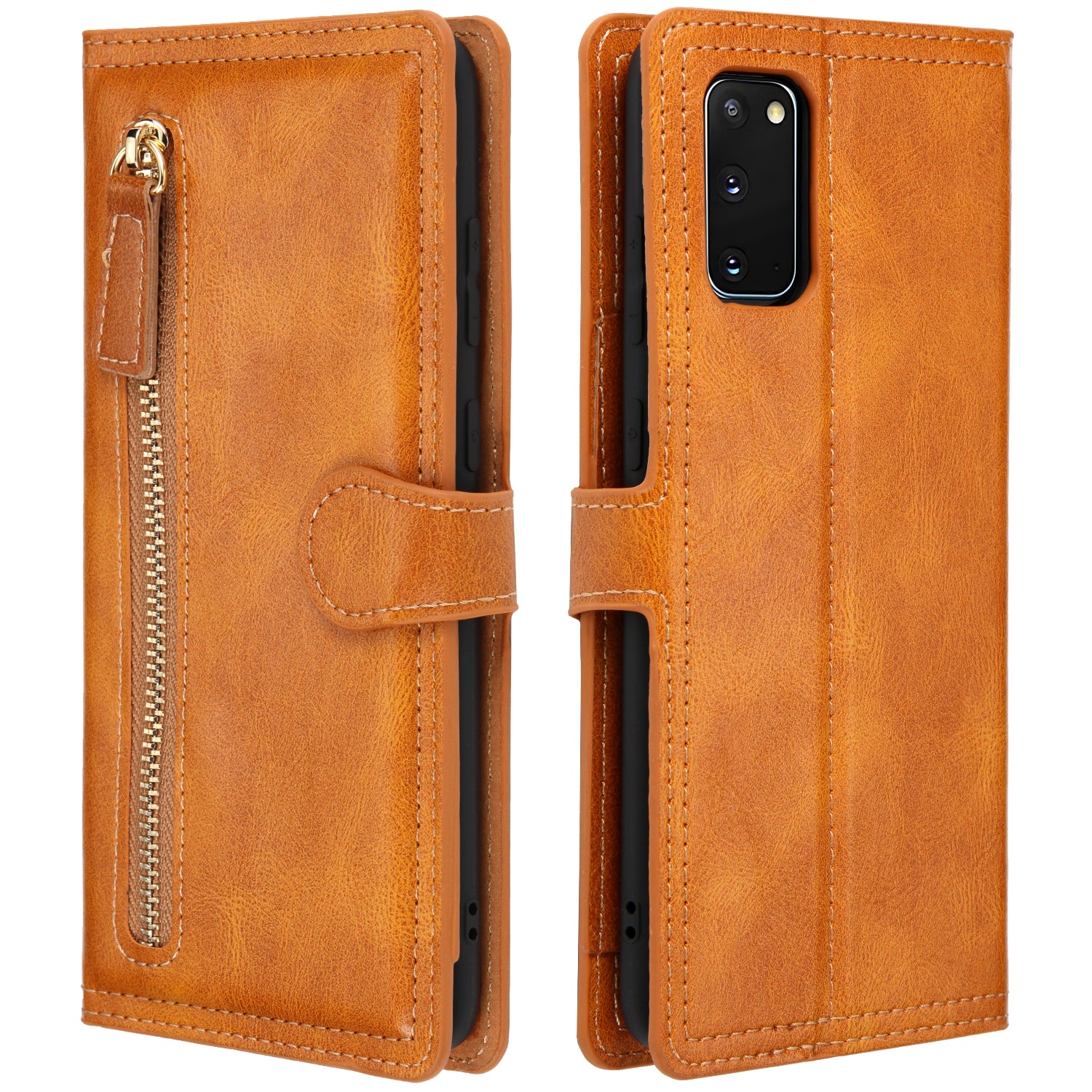 Zipper Pocket Wallet Stand Protection Flip Leather Phone Cover for Samsung Galaxy S20 4G/S20 5G - Light Brown