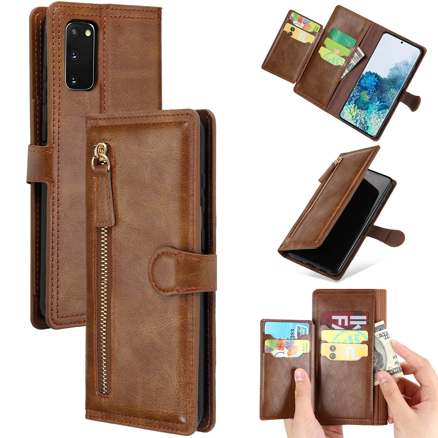 Zipper Pocket Wallet Stand Protection Flip Leather Phone Cover for Samsung Galaxy S20 4G/S20 5G - Dark Brown