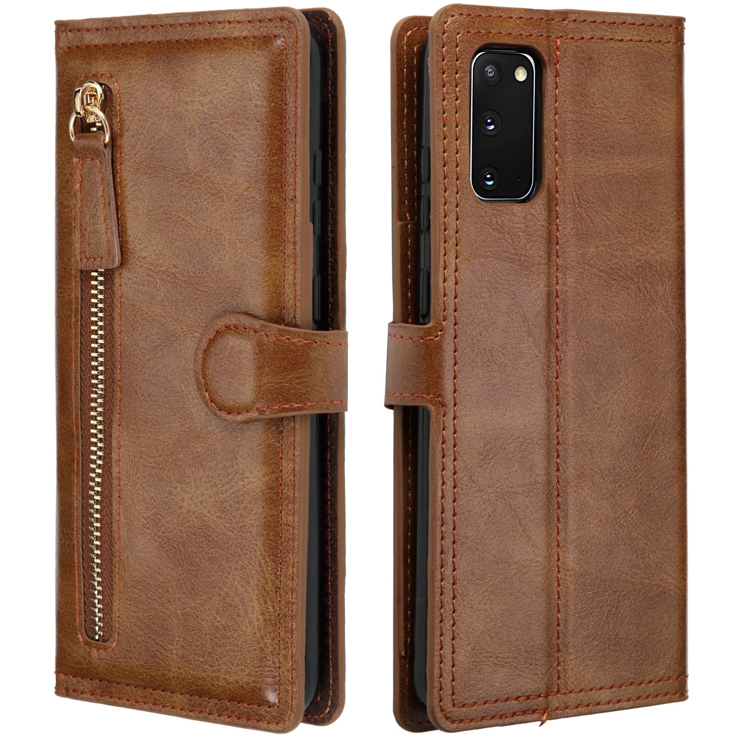 Zipper Pocket Wallet Stand Protection Flip Leather Phone Cover for Samsung Galaxy S20 4G/S20 5G - Dark Brown