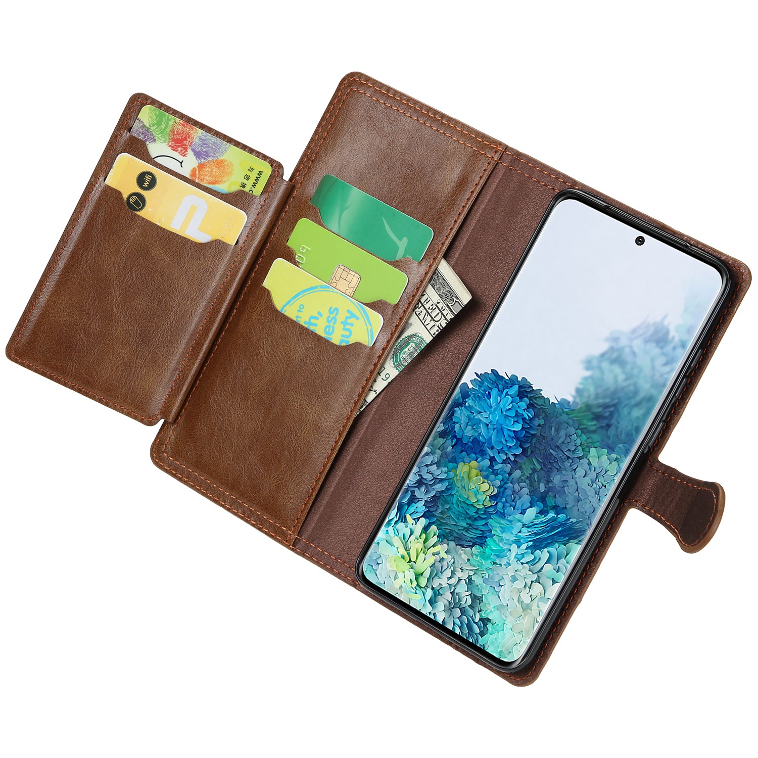 Zipper Pocket Wallet Stand Protection Flip Leather Phone Cover for Samsung Galaxy S20 4G/S20 5G - Dark Brown