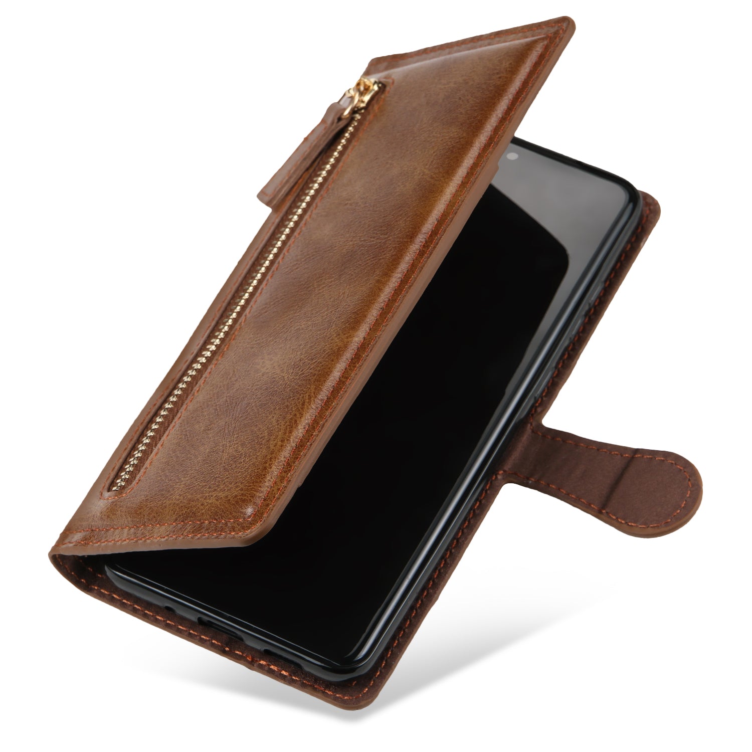 Zipper Pocket Wallet Stand Protection Flip Leather Phone Cover for Samsung Galaxy S20 4G/S20 5G - Dark Brown